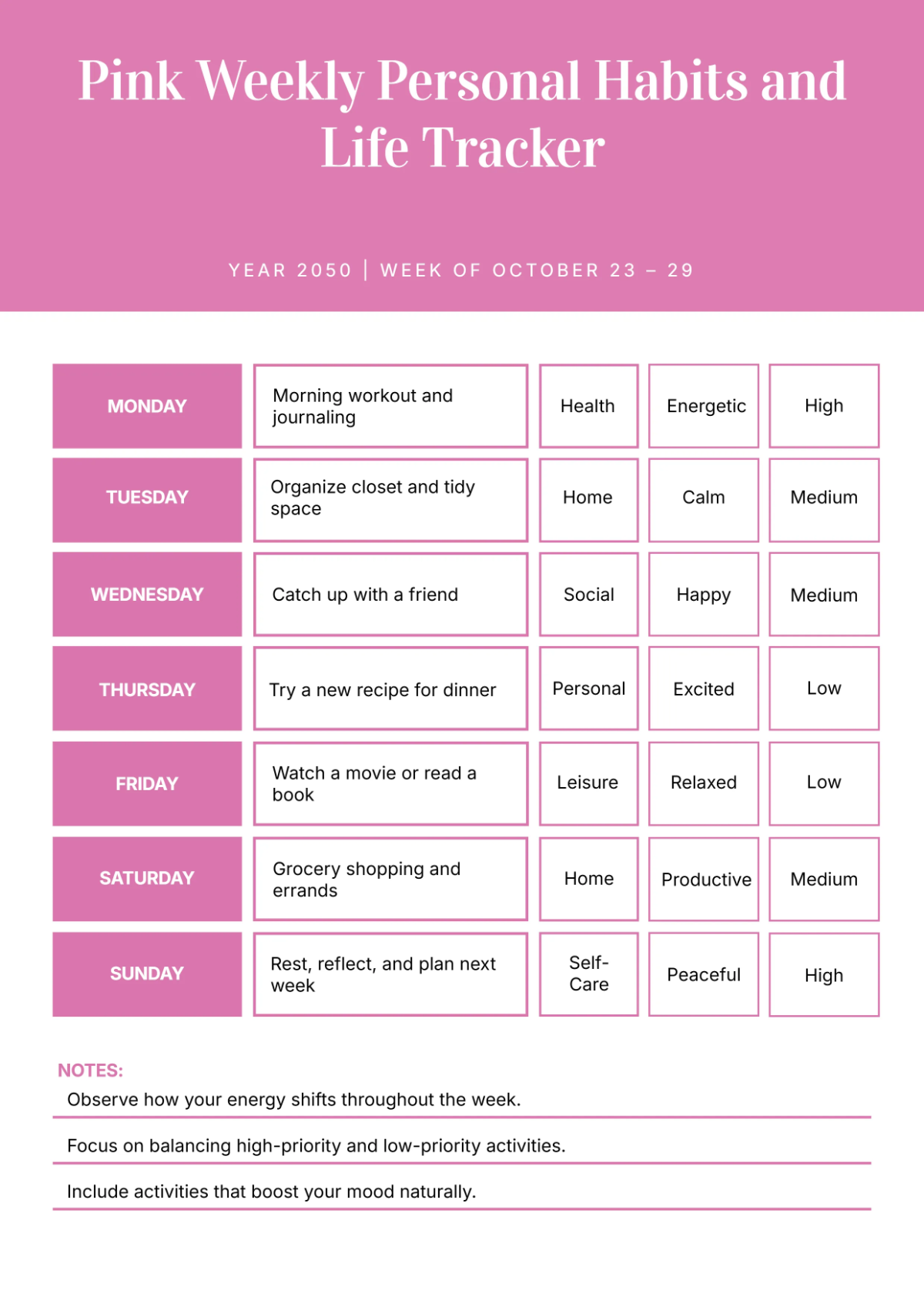 Pink Weekly Tracker Template