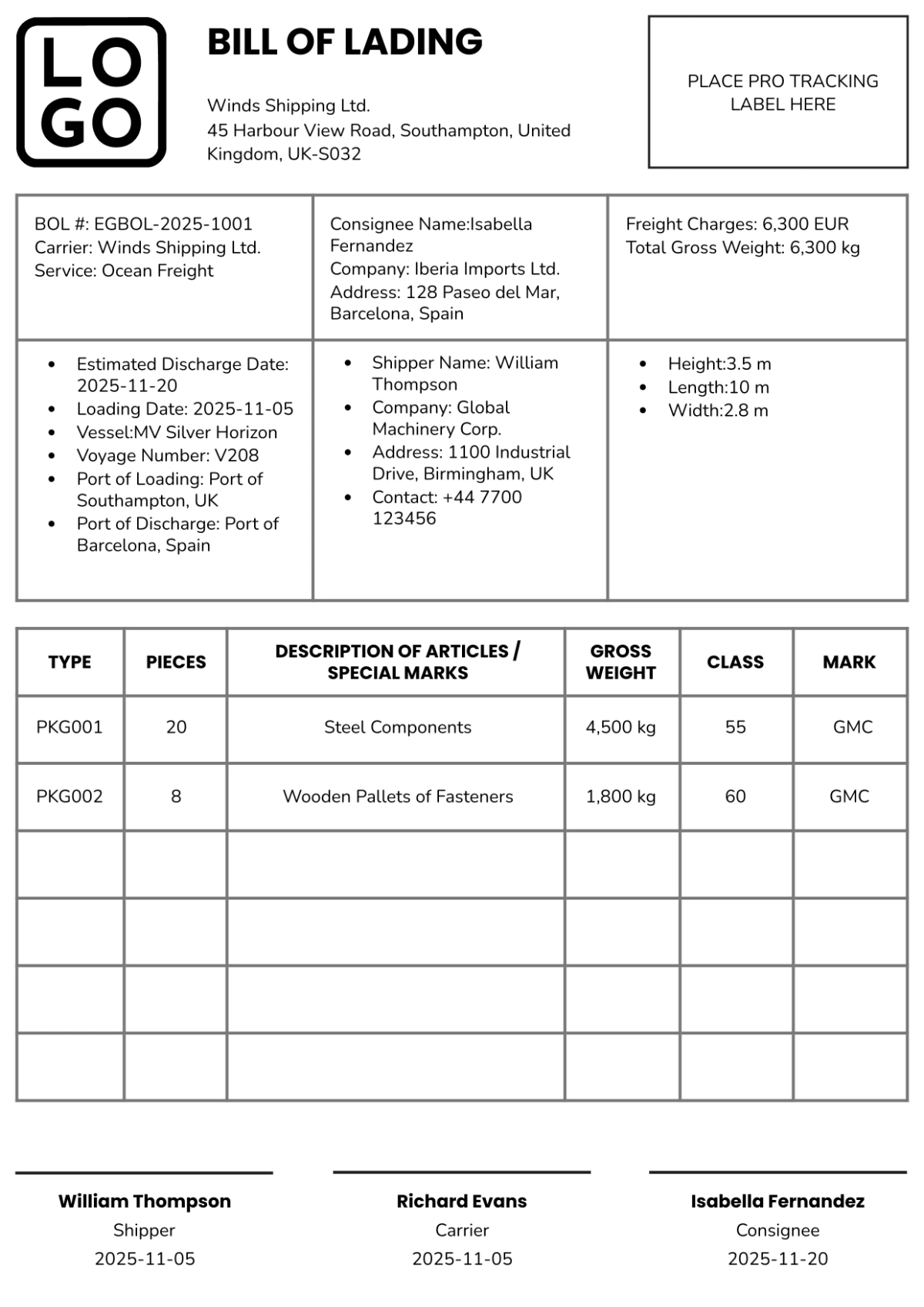 Elegant Consignee Bill of Lading Template