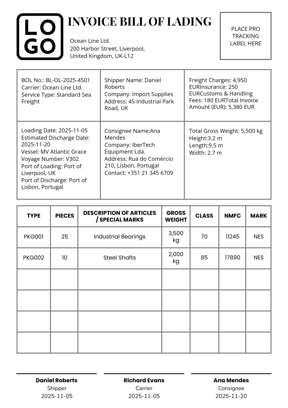 Invoice Bill of Lading Template