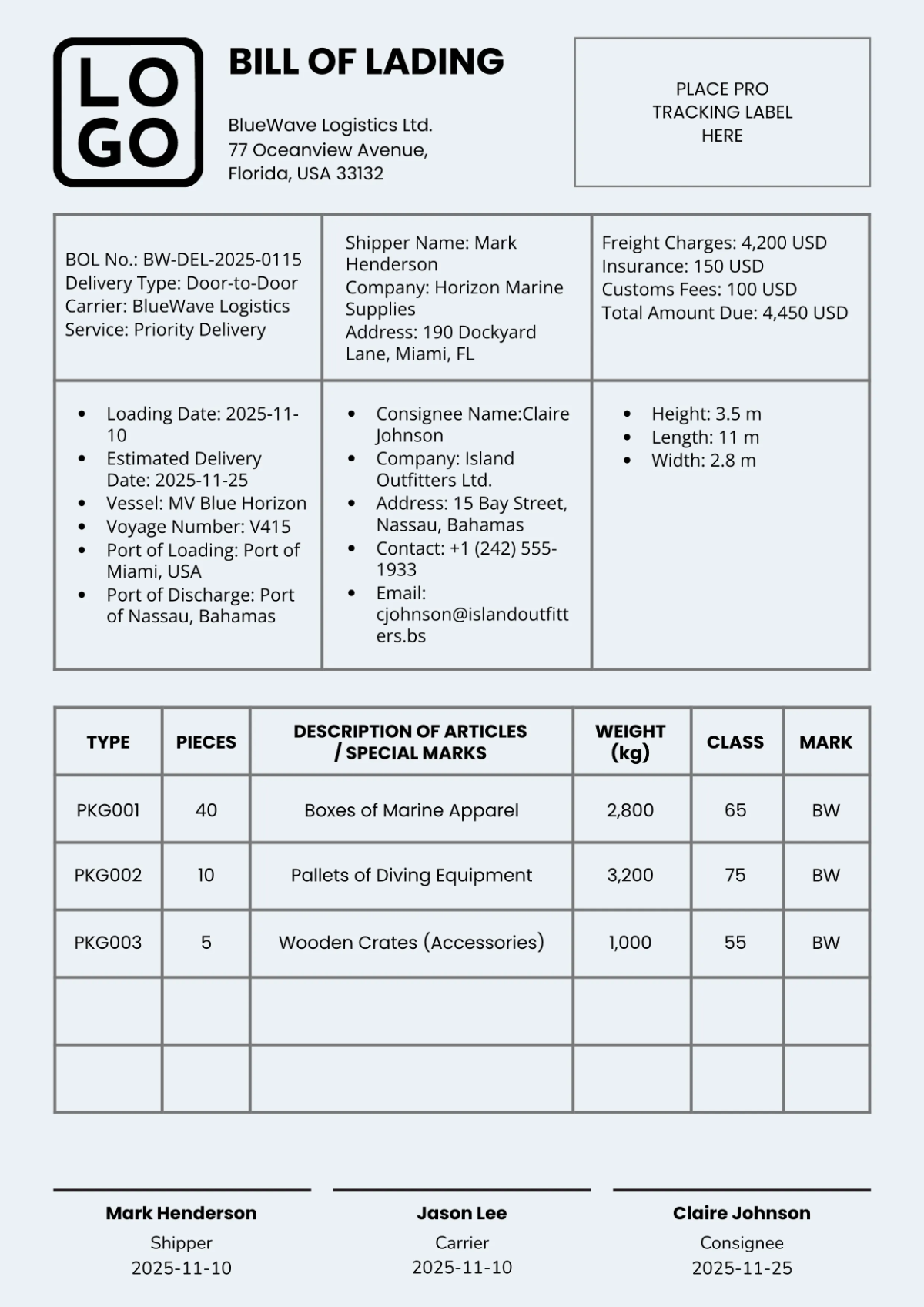 Blue Delivery Bill of Lading Template