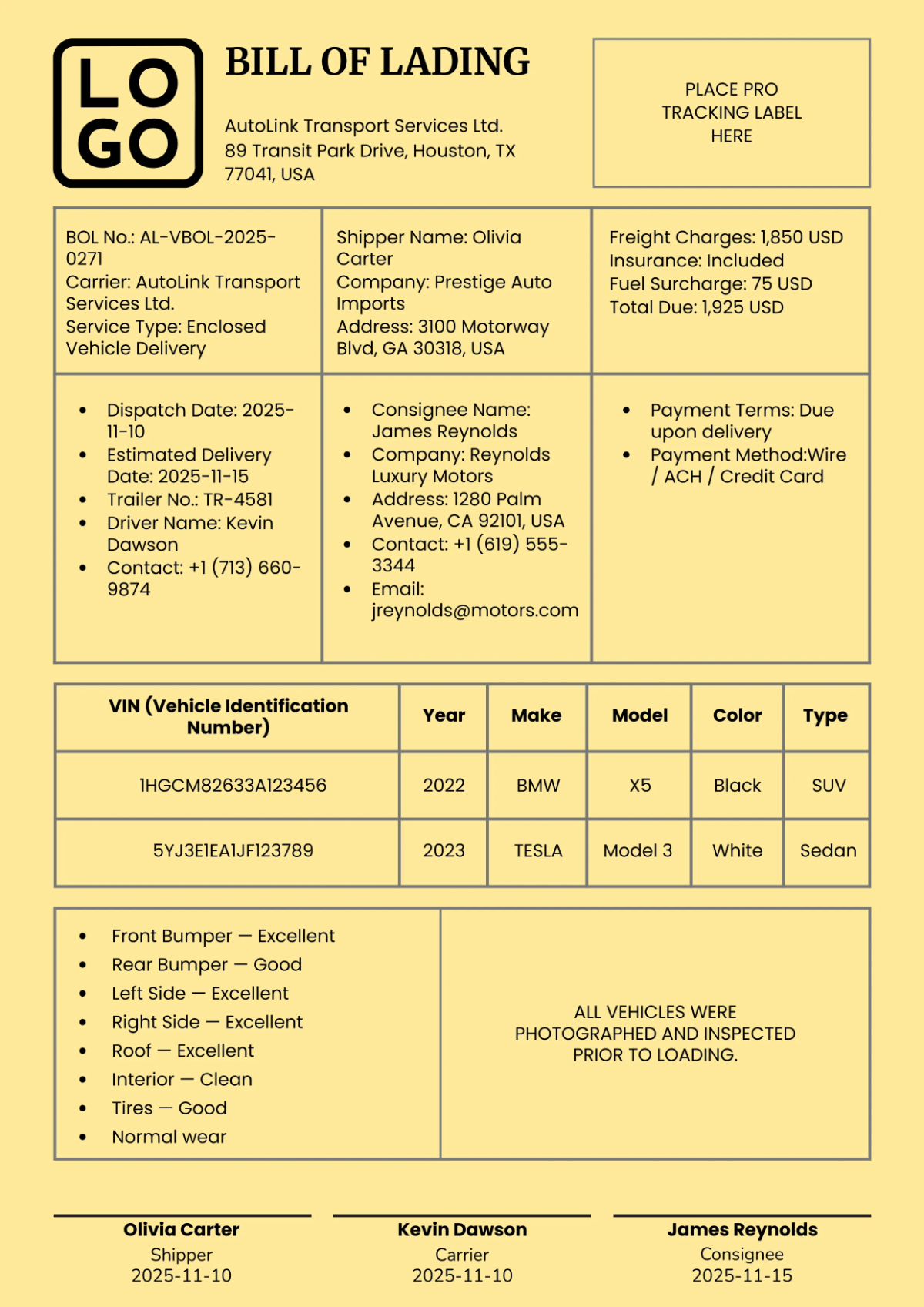 Vehicle Bill of Lading Template