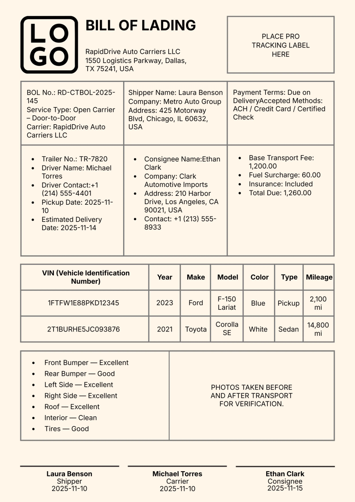 Car Transport Bill of Lading Template
