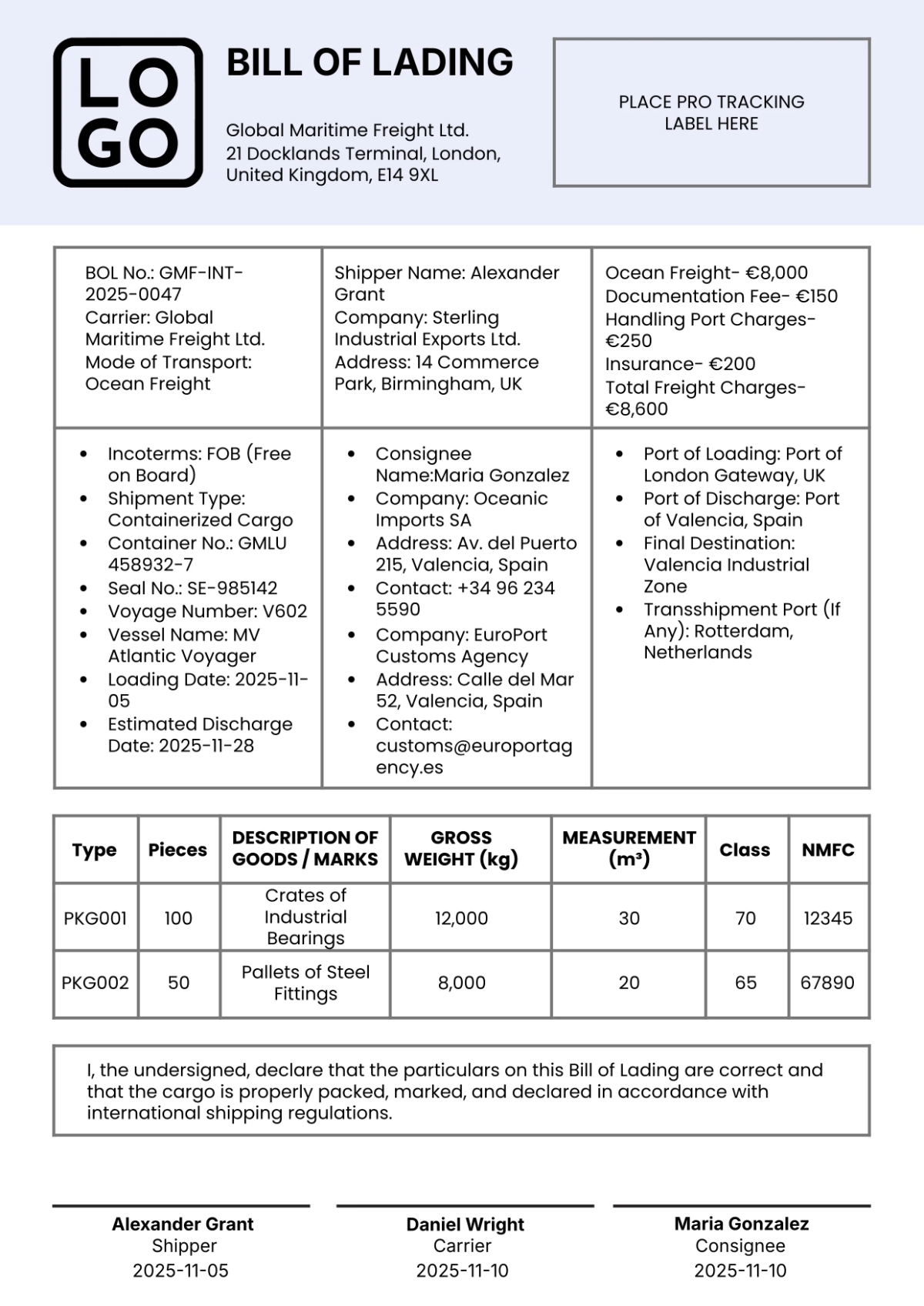 International Bill of Lading Template