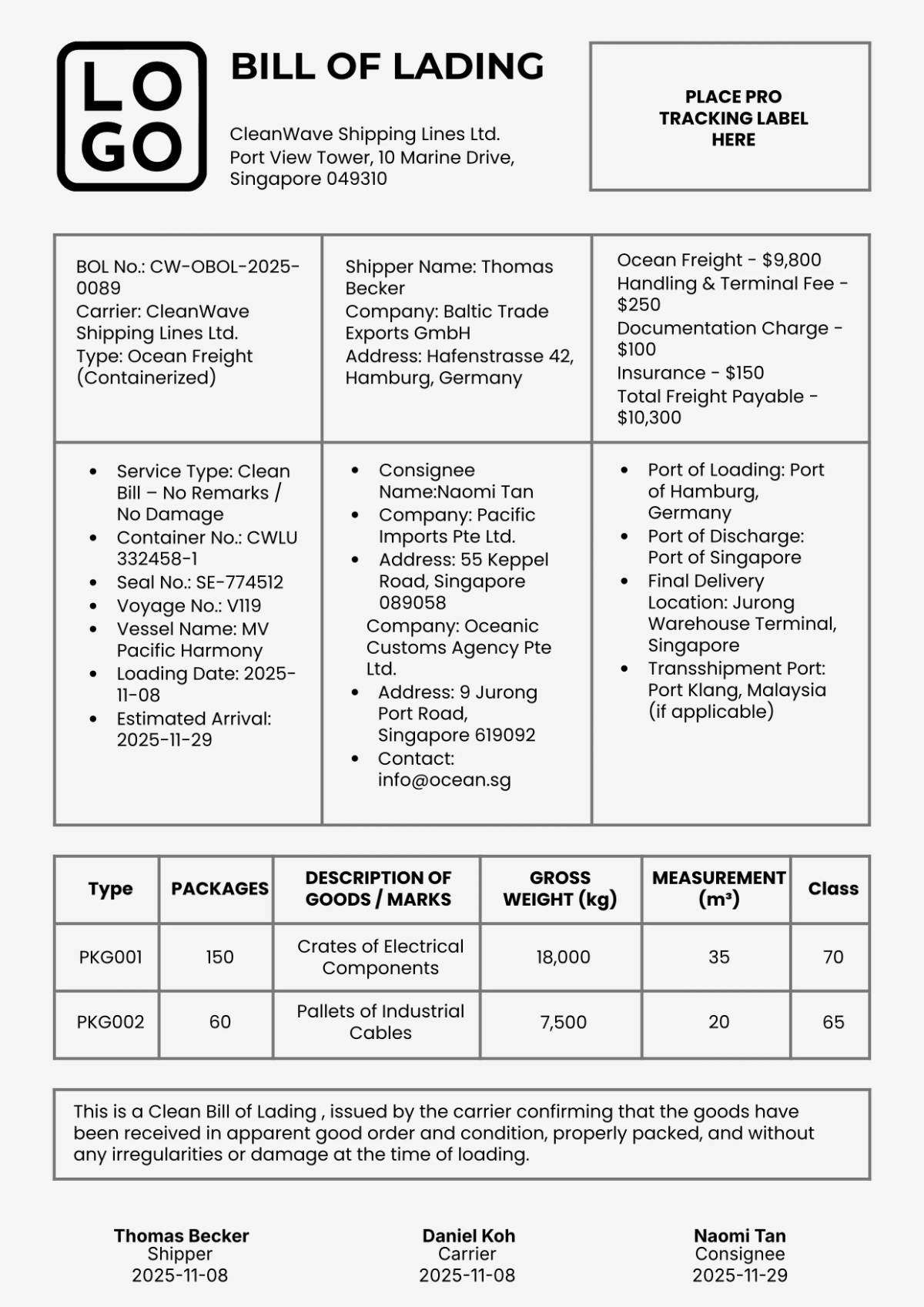 Clean Ocean Bill of Lading Template