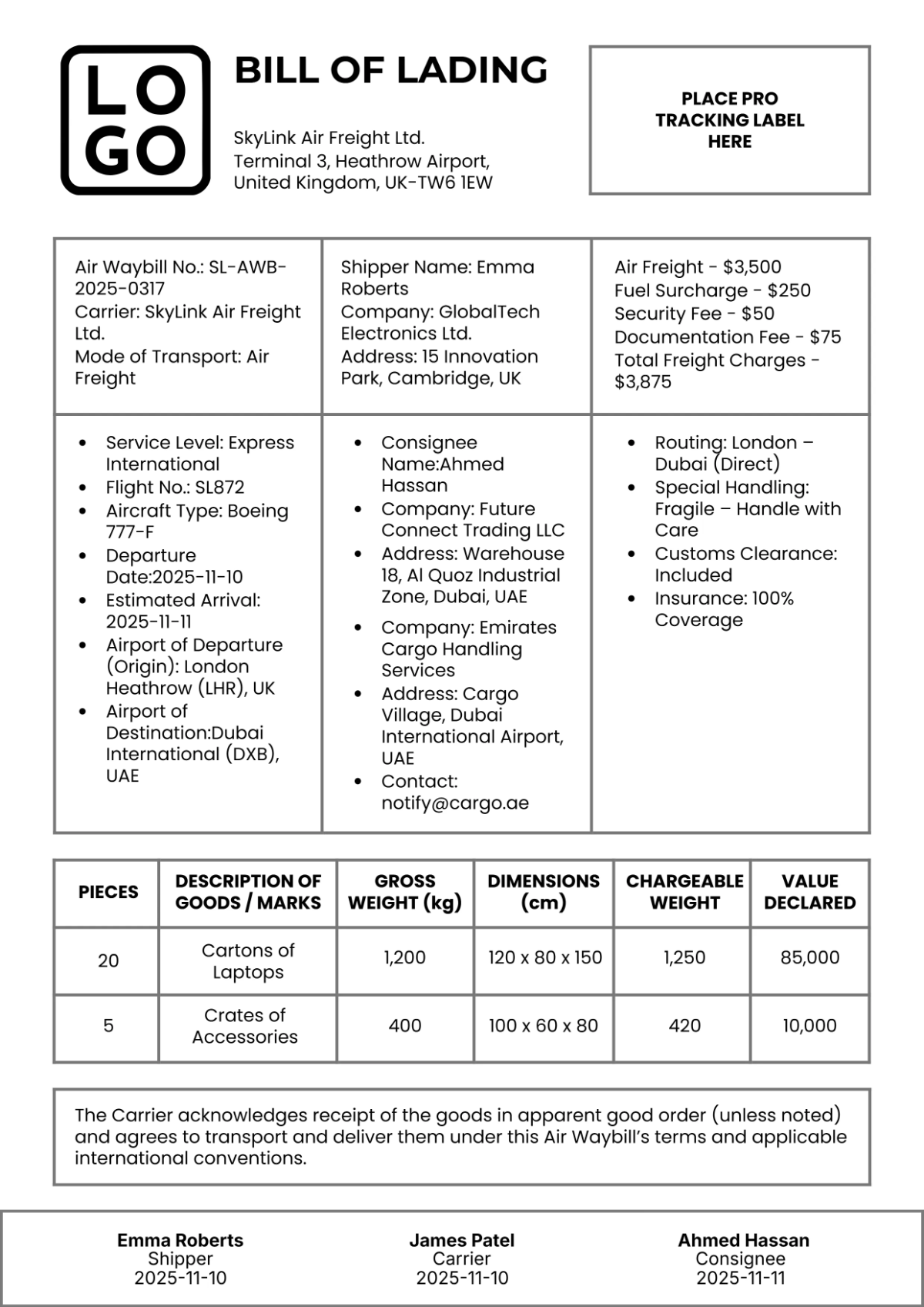 Airway Bill of Lading Template
