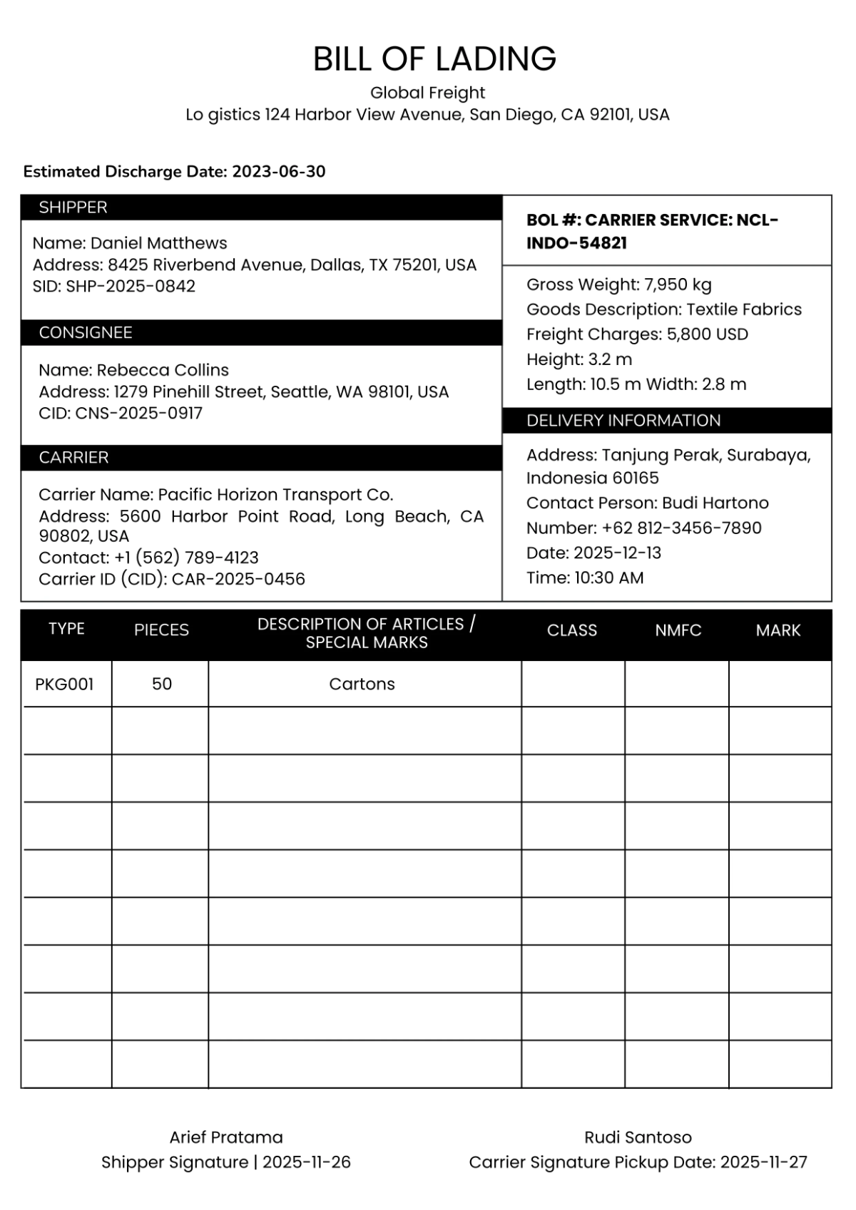 Bill of Lading Design Template