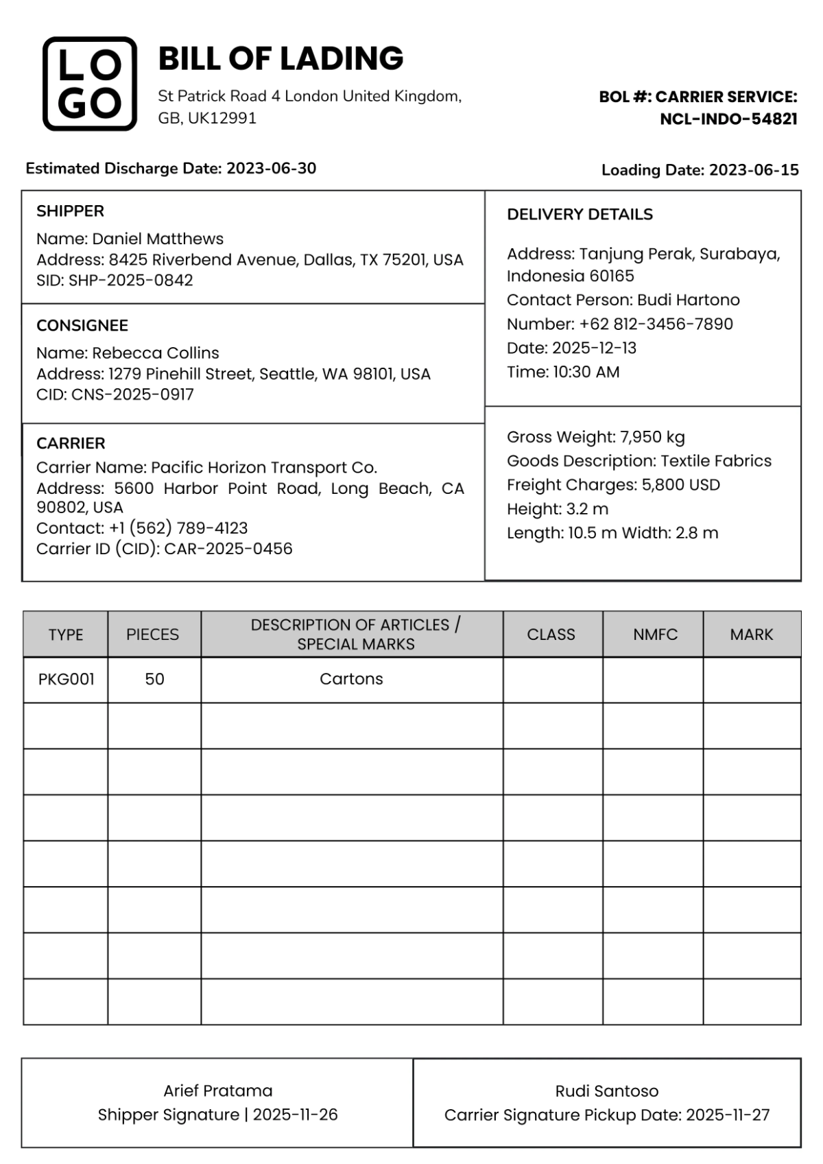 Printable Bill of Lading Template