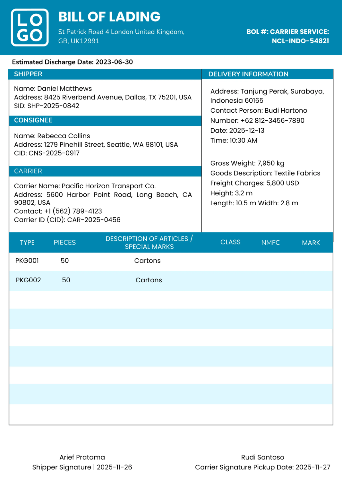 Editable Bill of Lading Template