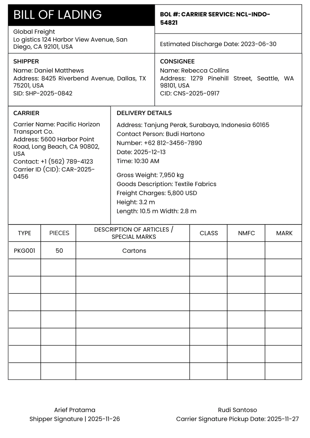 Black and White Trucking Bill of Lading Template