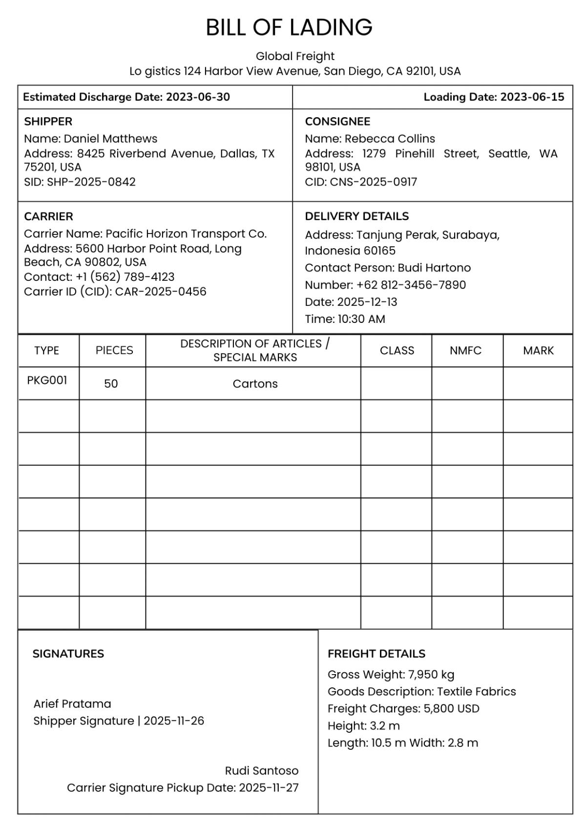 Professional Transport Bill of Lading Template