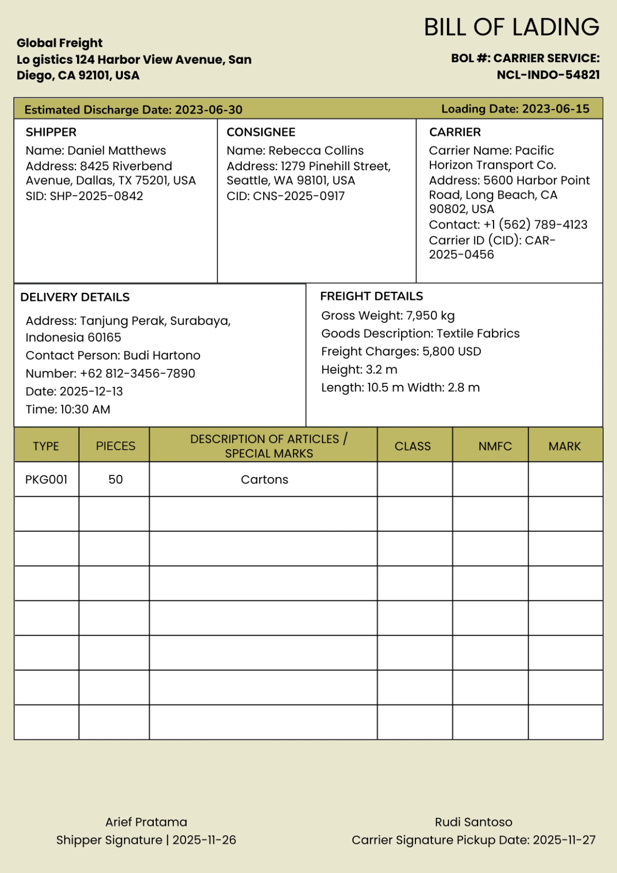 Minimalist Logistics Bill of Lading Template
