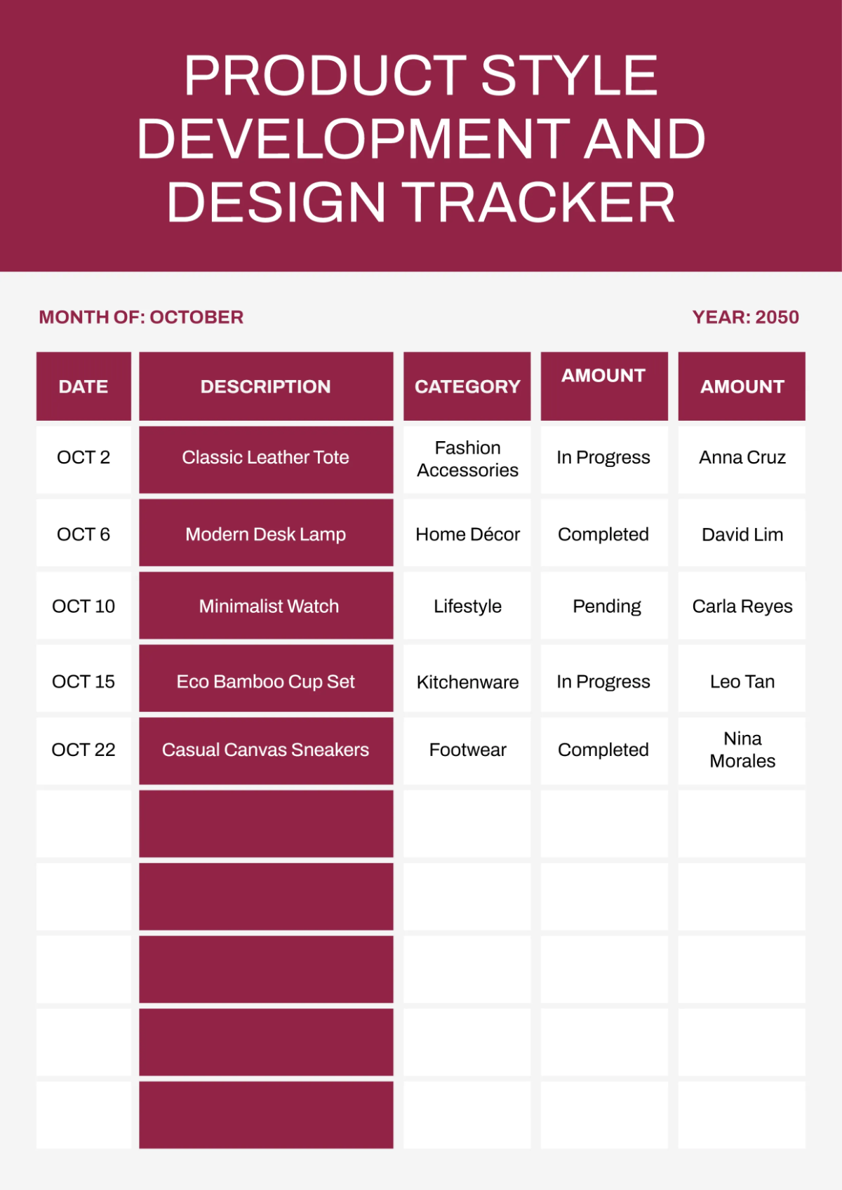 Product Style Tracker Template