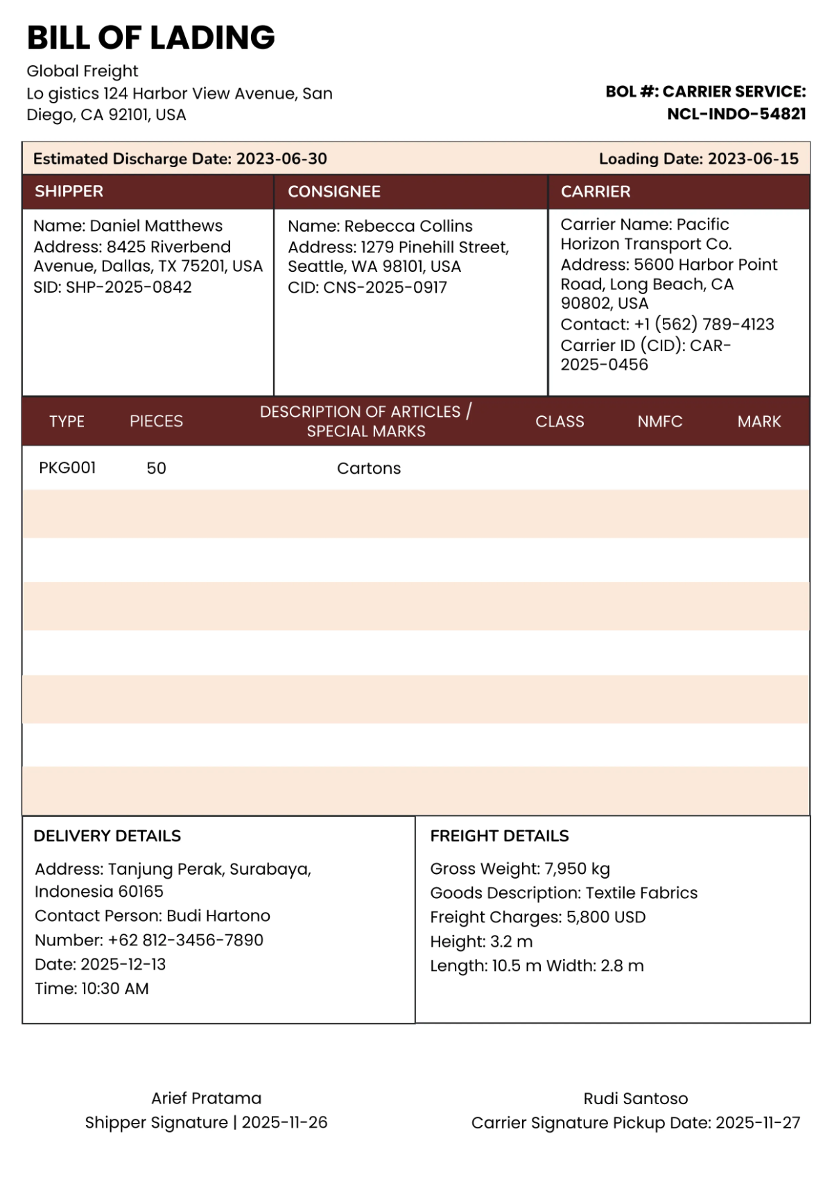 Cargo Bill of Lading Layout Template