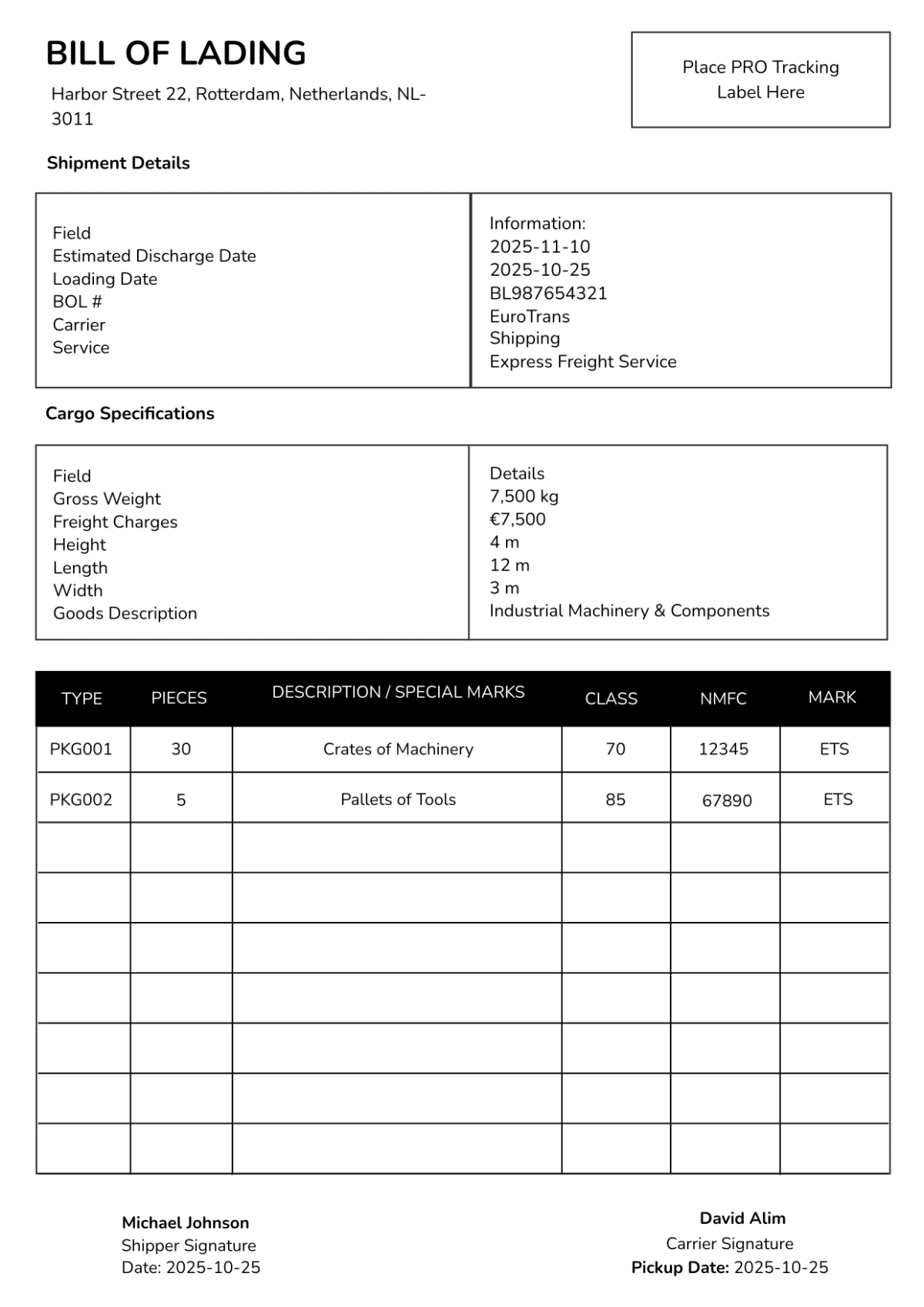 Colorful Freight Bill of Lading Template