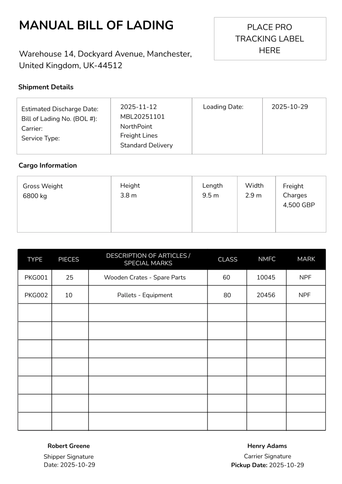 Manual Bill of Lading Template