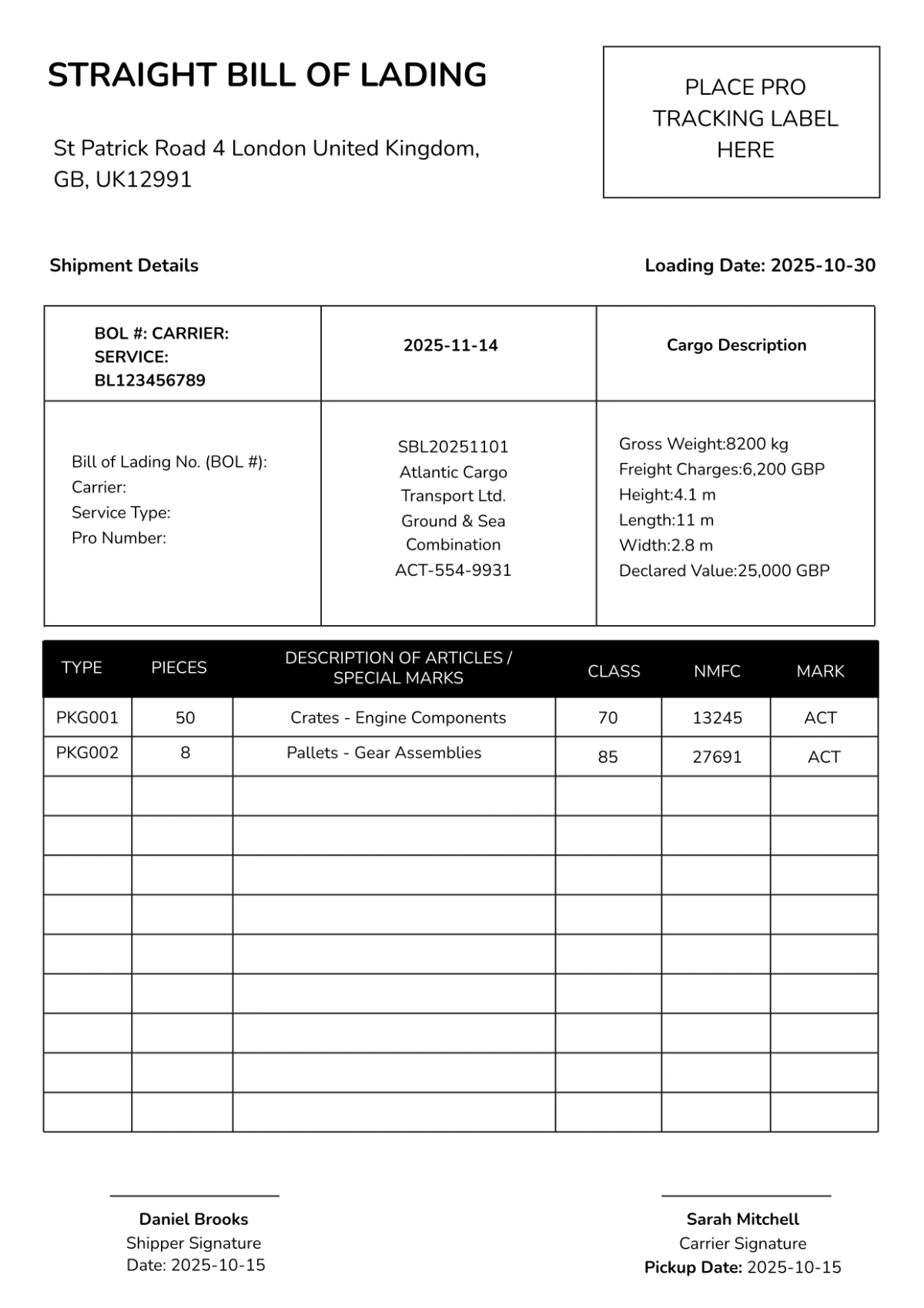 Straight Bill of Lading Template
