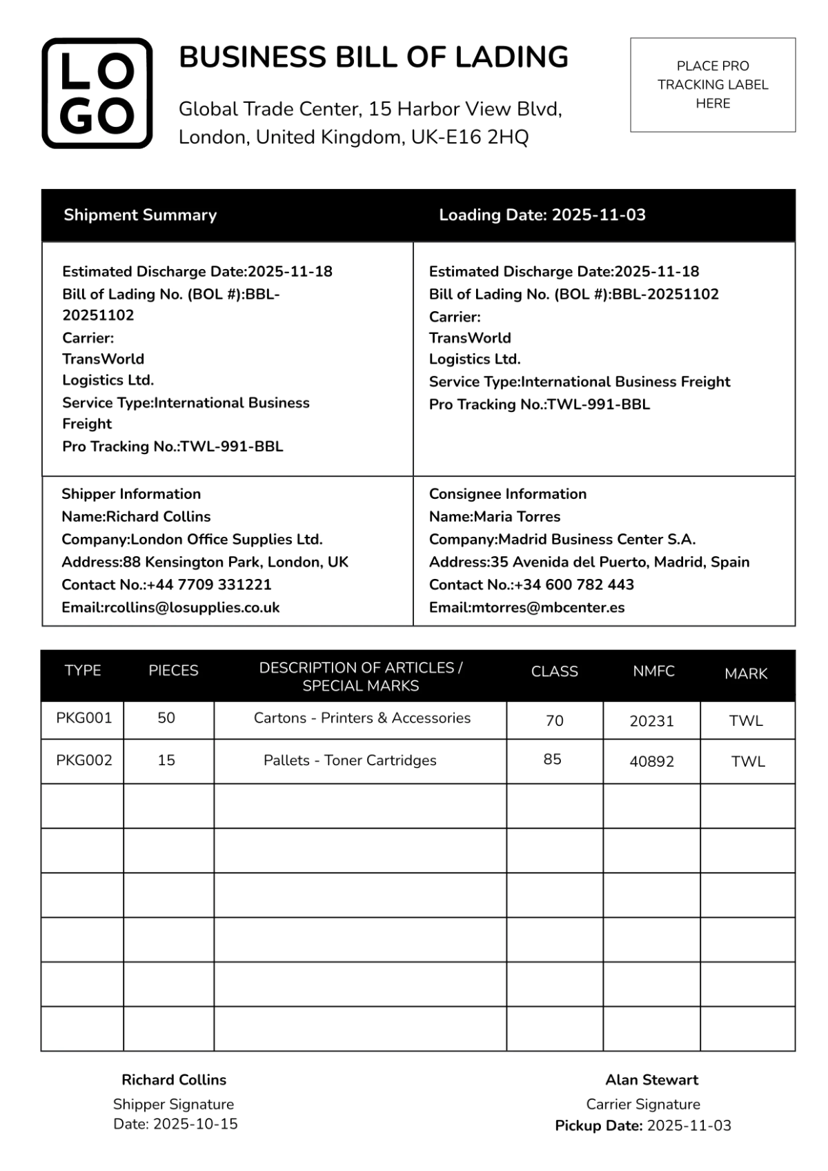 Business Bill of Lading Template