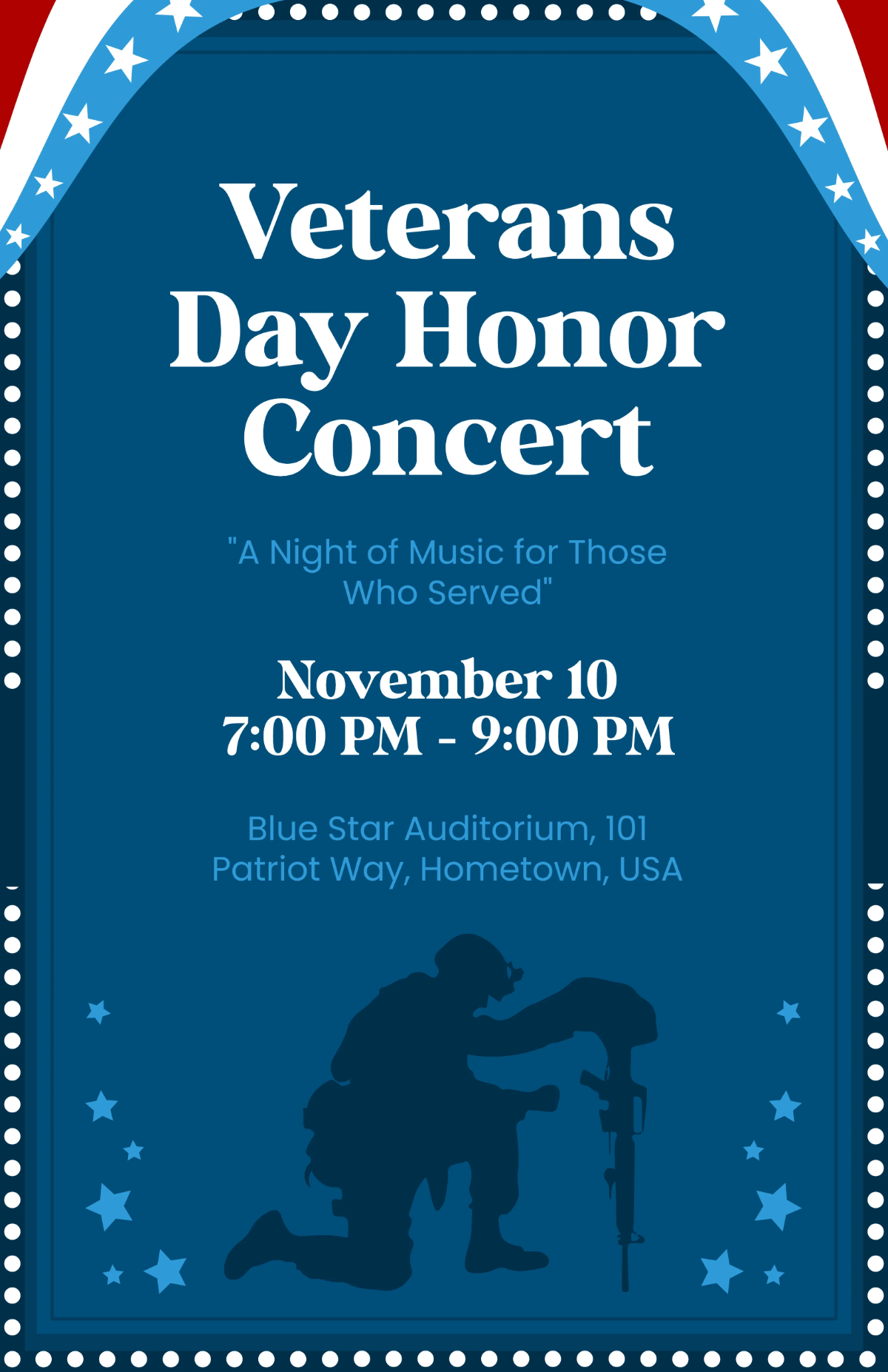 Free Blue Veterans' Day Concert Poster Template to Edit Online Free Blue Veterans' Day Concert Poster Template to Edit Online