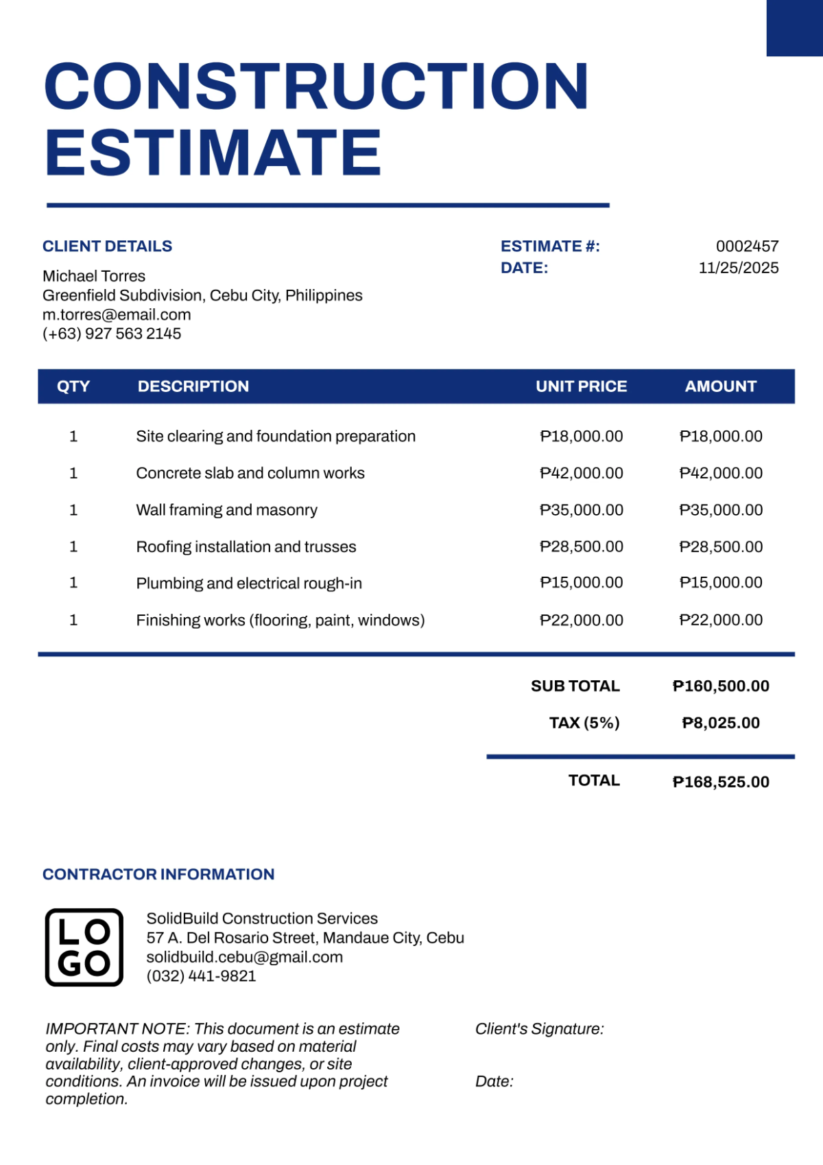 Free Simple Construction Estimate Template to Edit Online