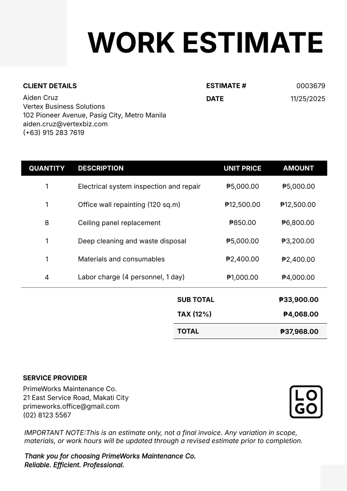Black and White Work Estimate Template