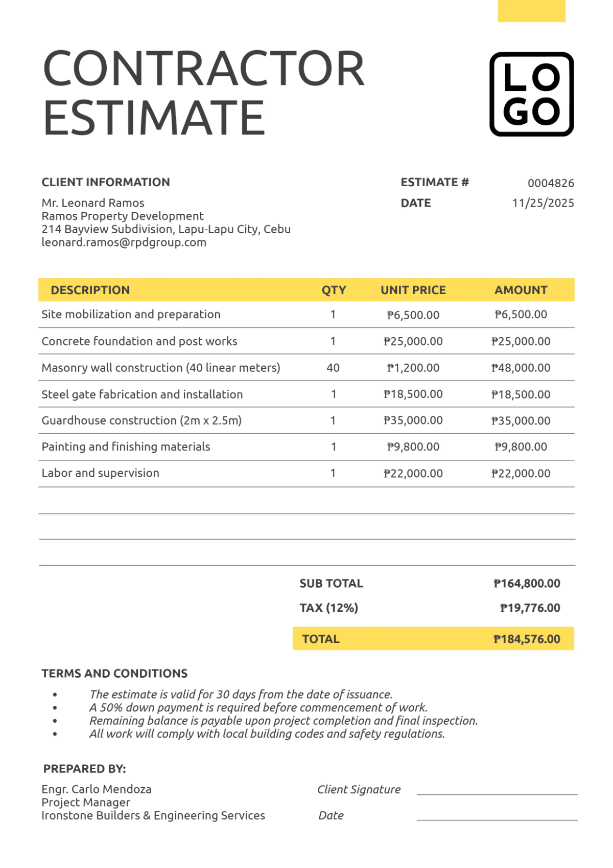 Free Formal Contractor Estimate Template to Edit Online