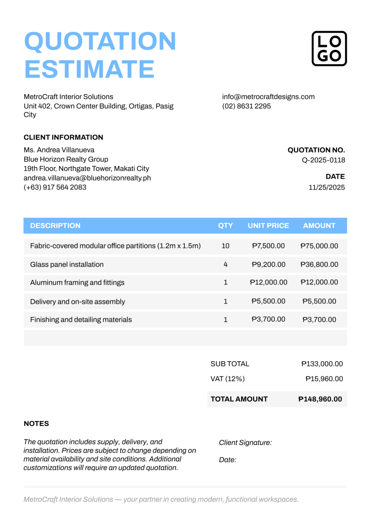 Free Quotation Estimate Template to Edit Online