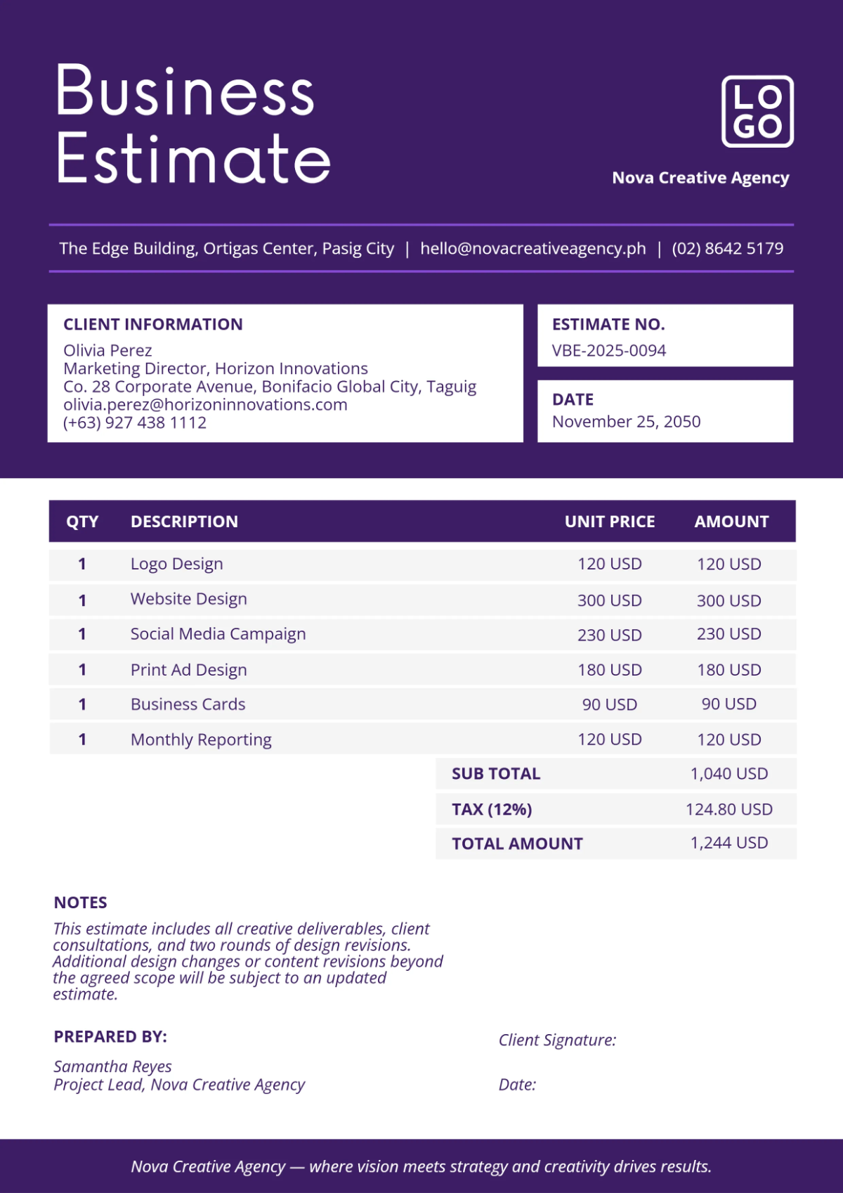 Free Visual Business Estimate Template to Edit Online