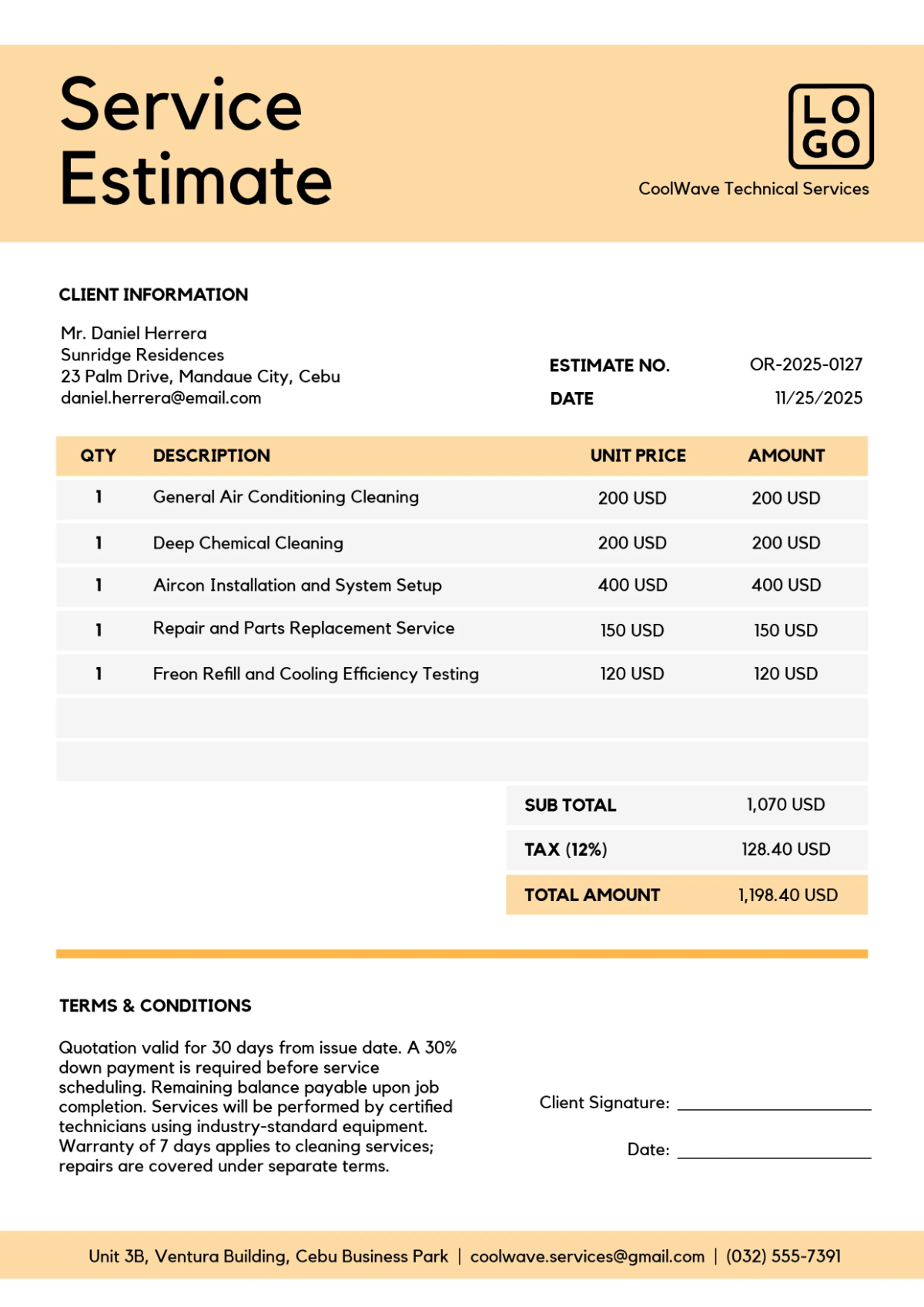 Free Orange Service Estimate Template to Edit Online