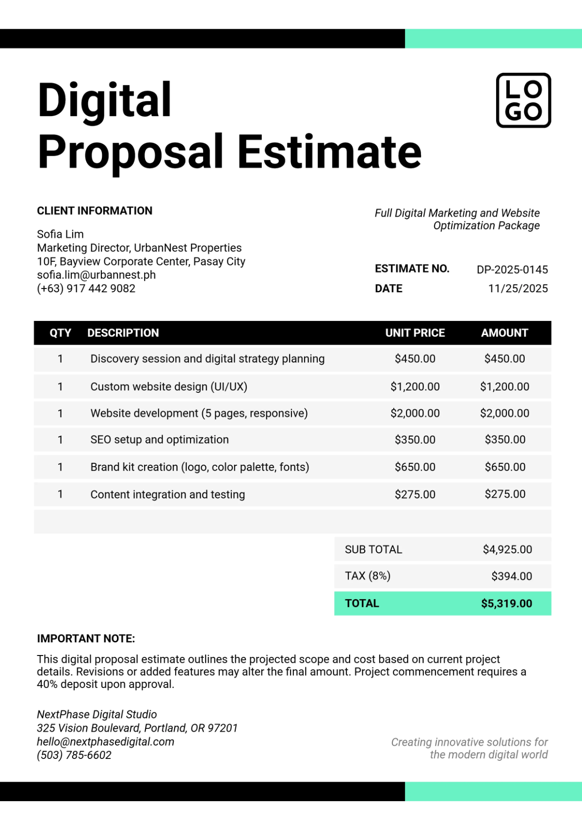 Free Digital Proposal Estimate Template to Edit Online