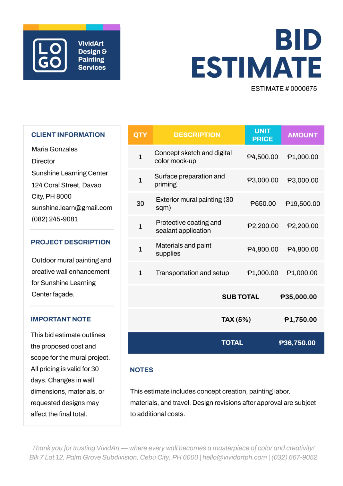 Free Colorful Bid Estimate Template to Edit Online