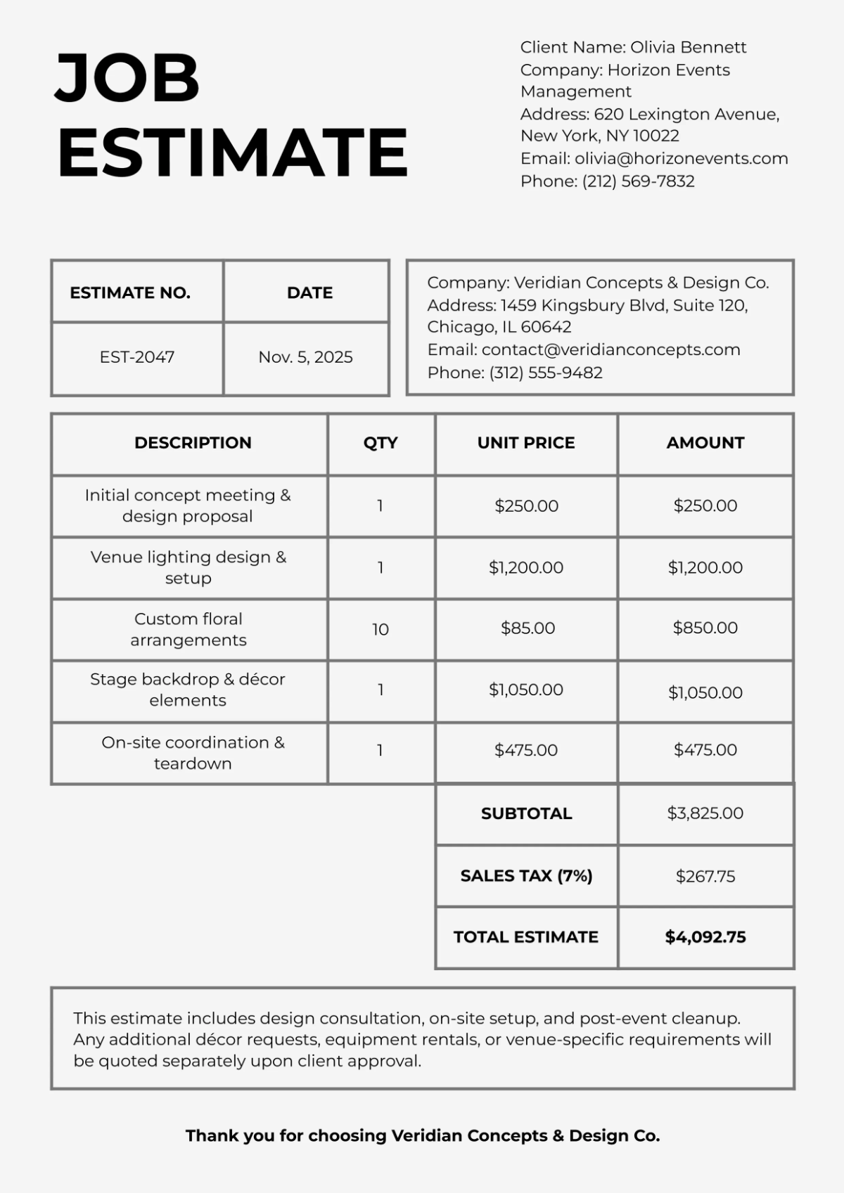 Free Elegant Job Estimate Template to Edit Online