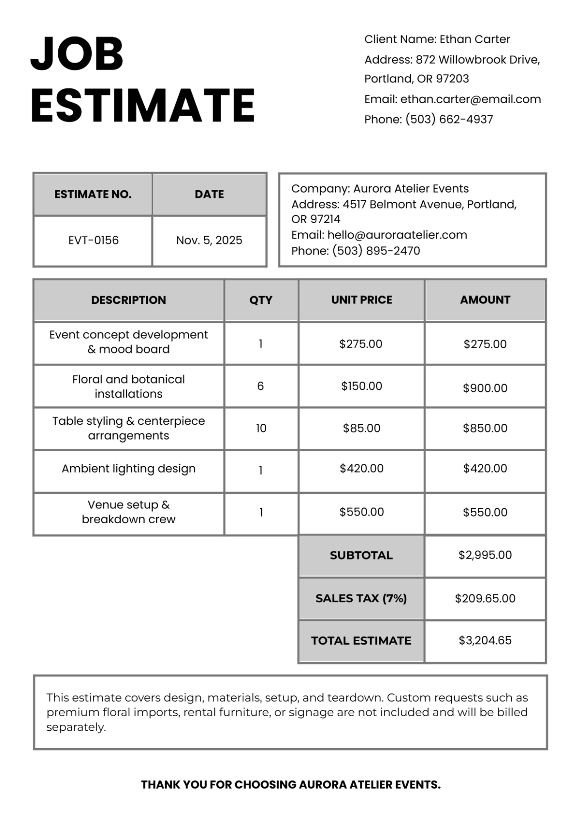 Free Aesthetic Event Estimate Template to Edit Online