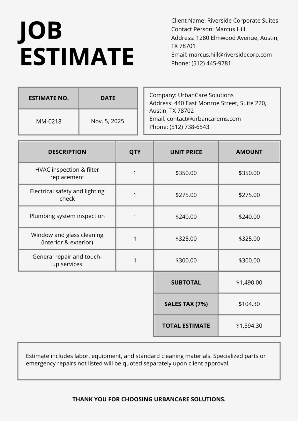 Free Modern Maintenance Estimate Template to Edit Online