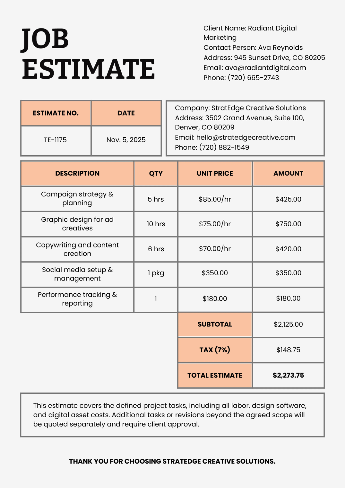 Free Task Estimate Layout Template to Edit Online
