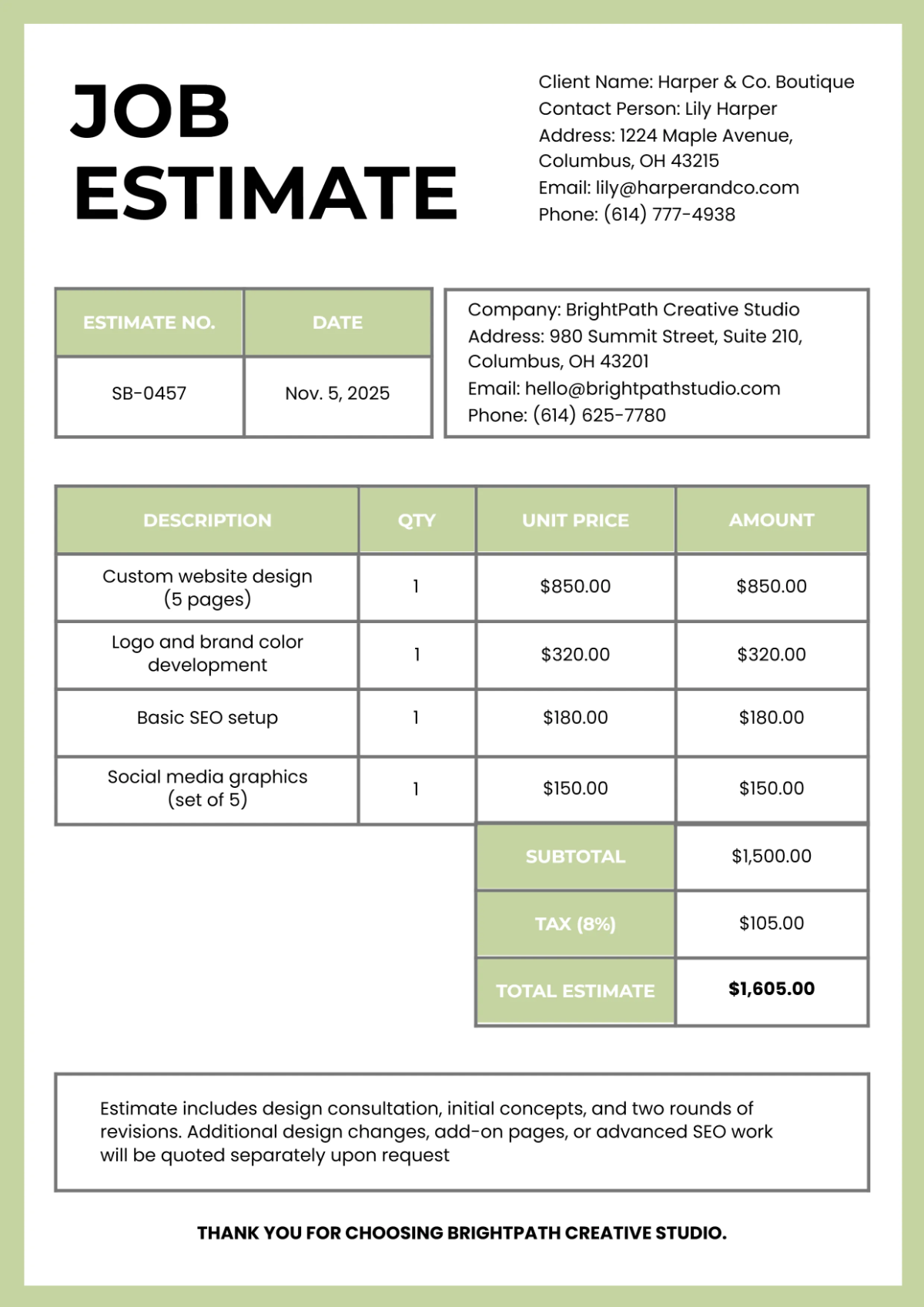 Free Small Business Estimate Template to Edit Online