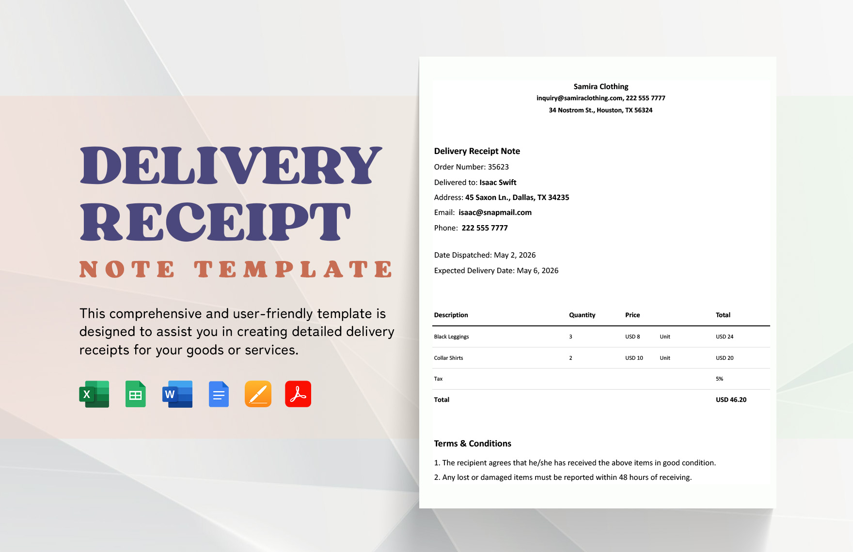 Delivery Receipt Note Template - Download in Word, Google Docs, Excel ...