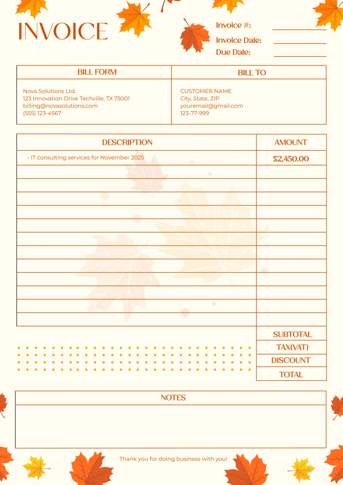 Free November Invoice Template to Edit Online Free November Invoice Template to Edit Online