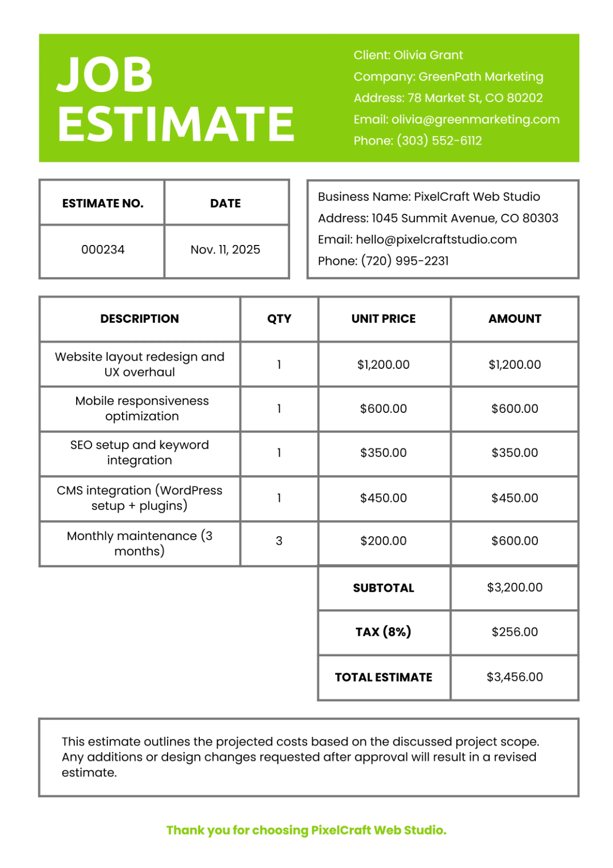 Free Well-Designed Estimate Template to Edit Online
