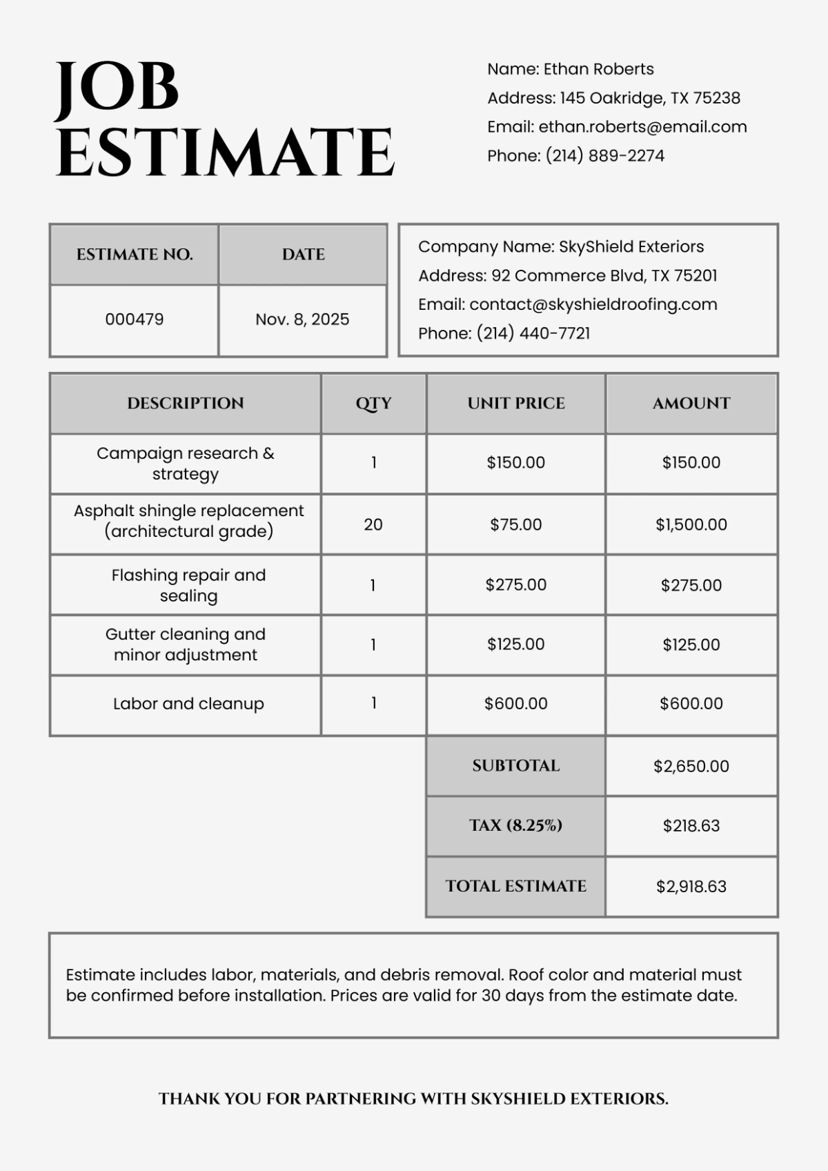 Free Sleek Roofing Estimate Template to Edit Online