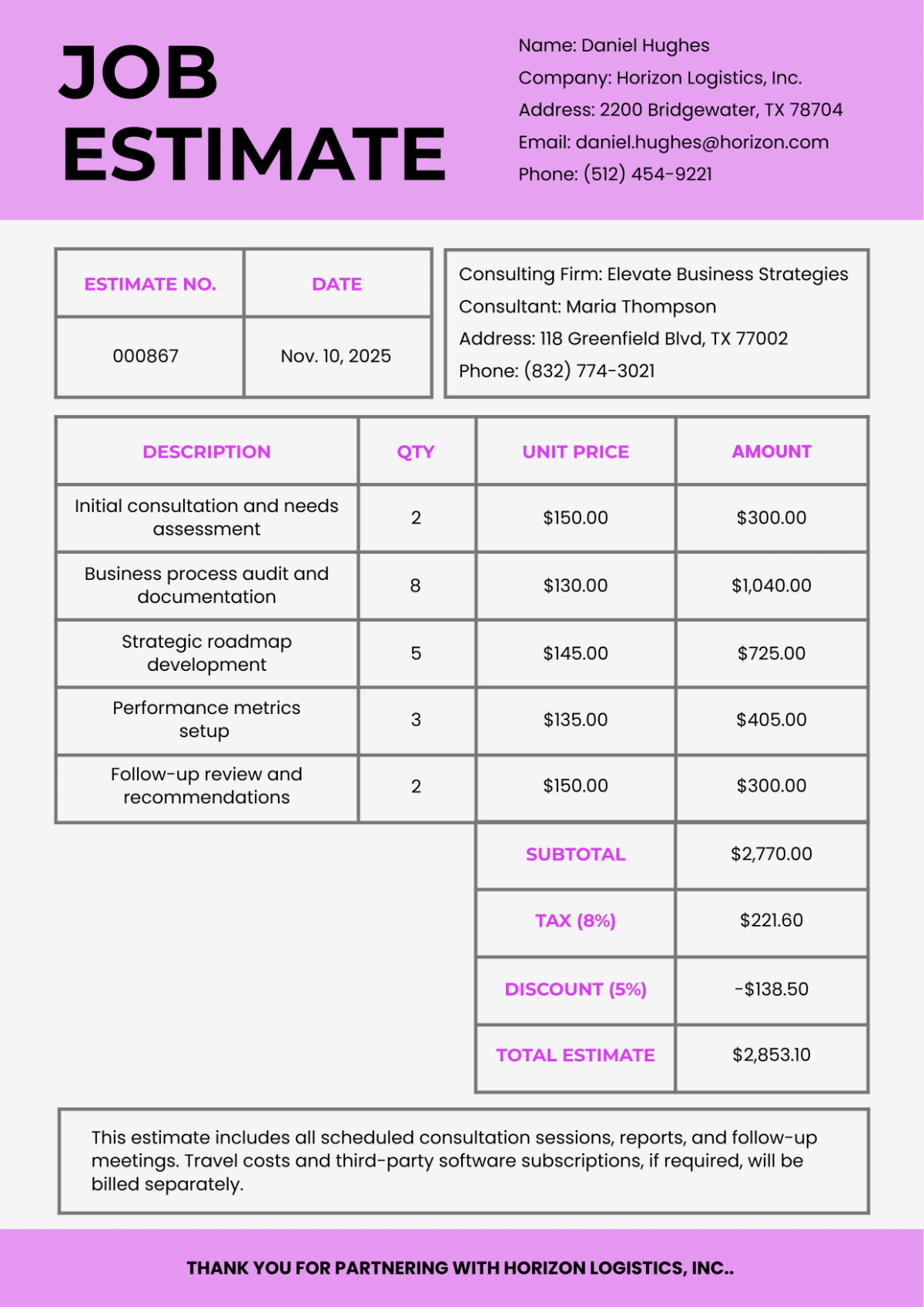 Free Consulting Estimate Template to Edit Online