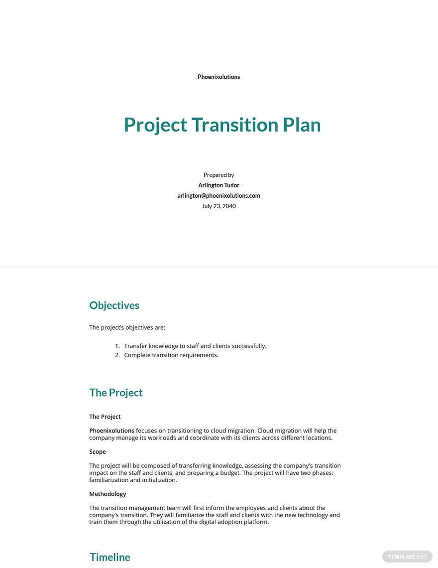 Free Sample Project Transition Plan Template