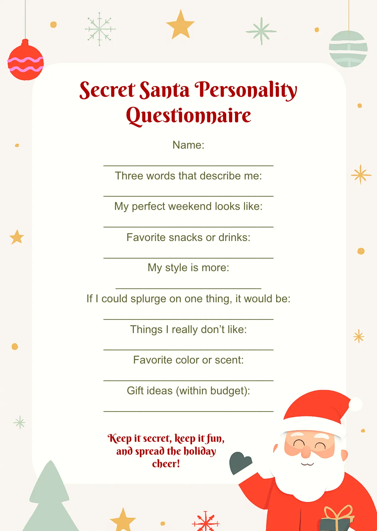 Free Secret Santa Personality Questionnaire Template to Edit Online Free Secret Santa Personality Questionnaire Template to Edit Online