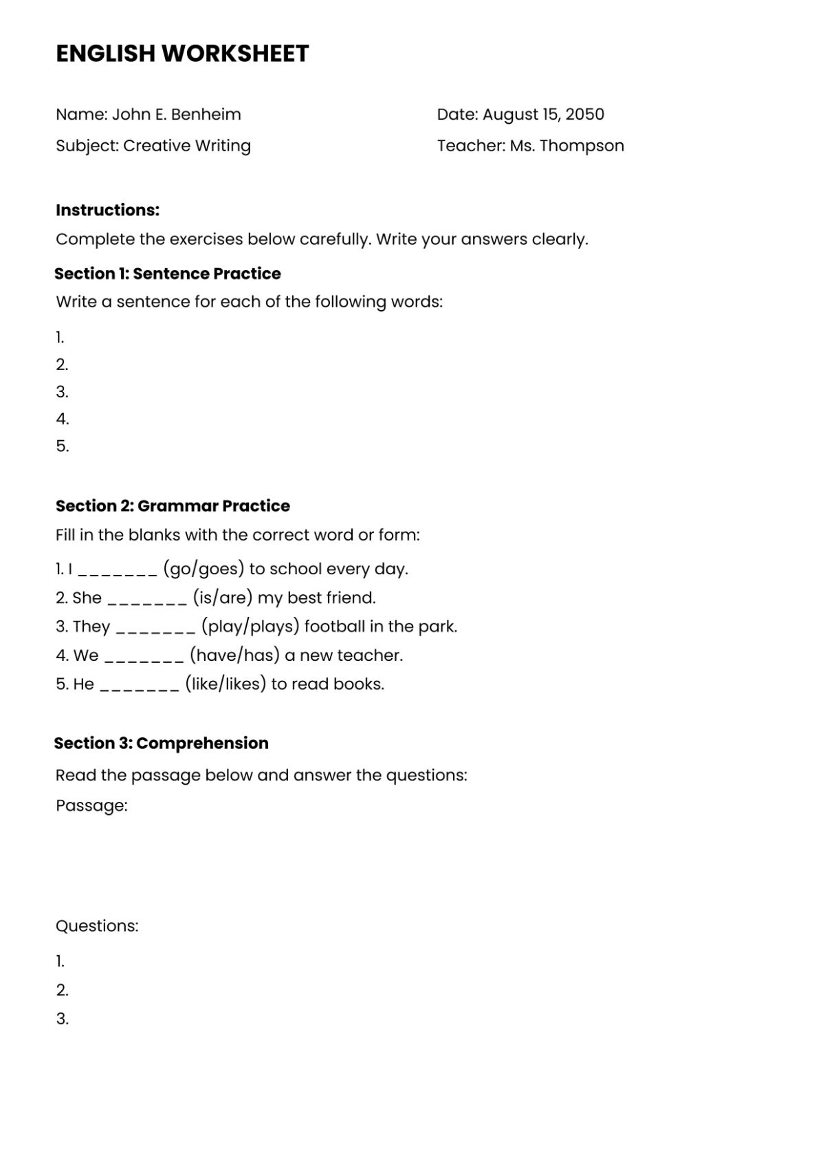 Free English Worksheet Template to Edit Online Free English Worksheet Template to Edit Online
