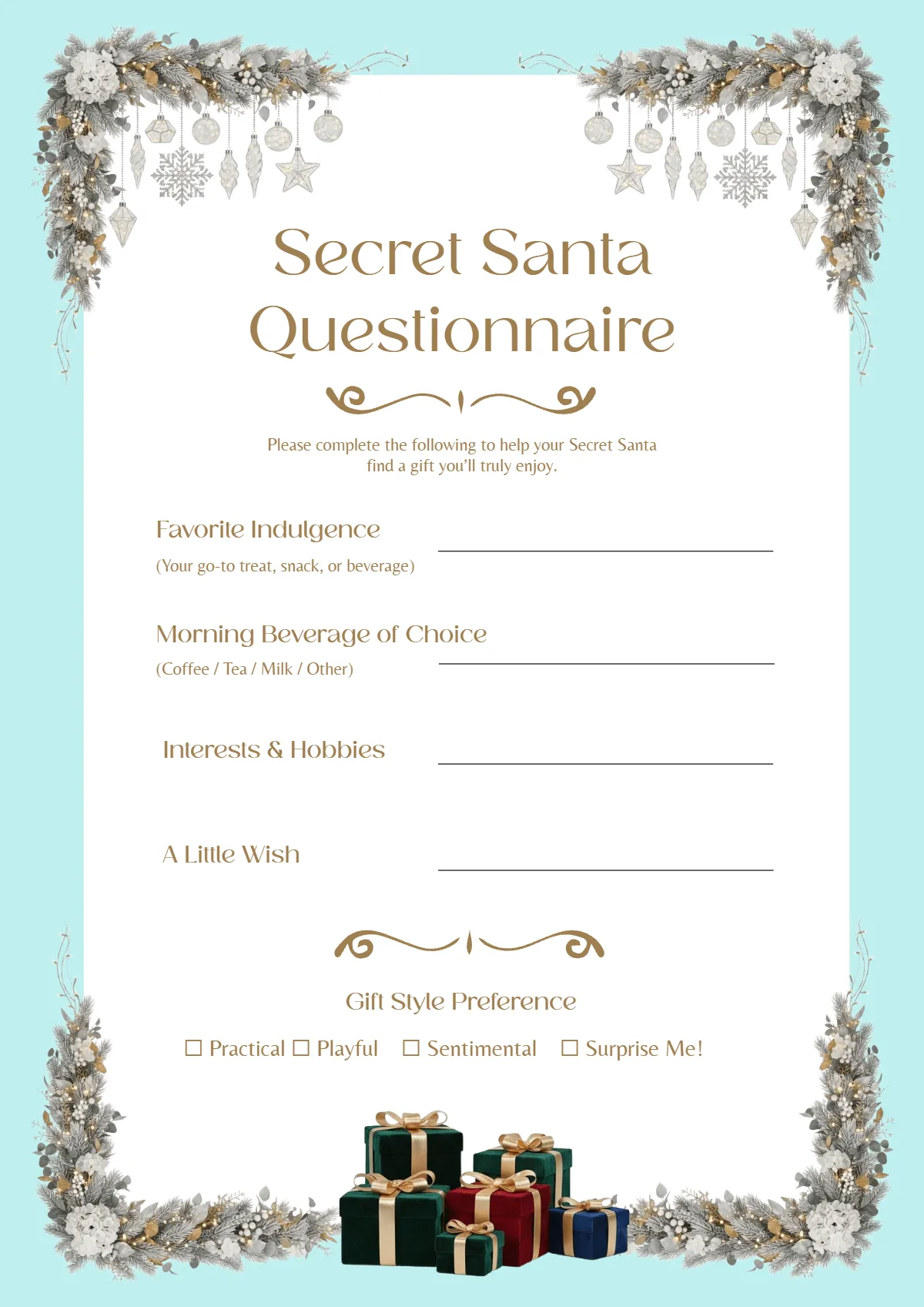 Free Elegant Secret Santa Questionnaire Template to Edit Online Free Elegant Secret Santa Questionnaire Template to Edit Online