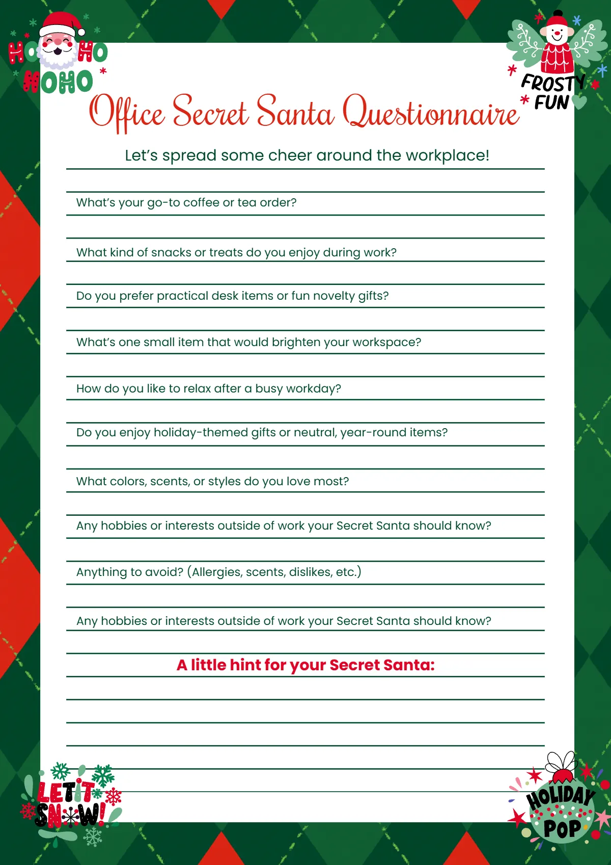Free Lined Office Secret Santa Questionnaire Template to Edit Online Free Lined Office Secret Santa Questionnaire Template to Edit Online