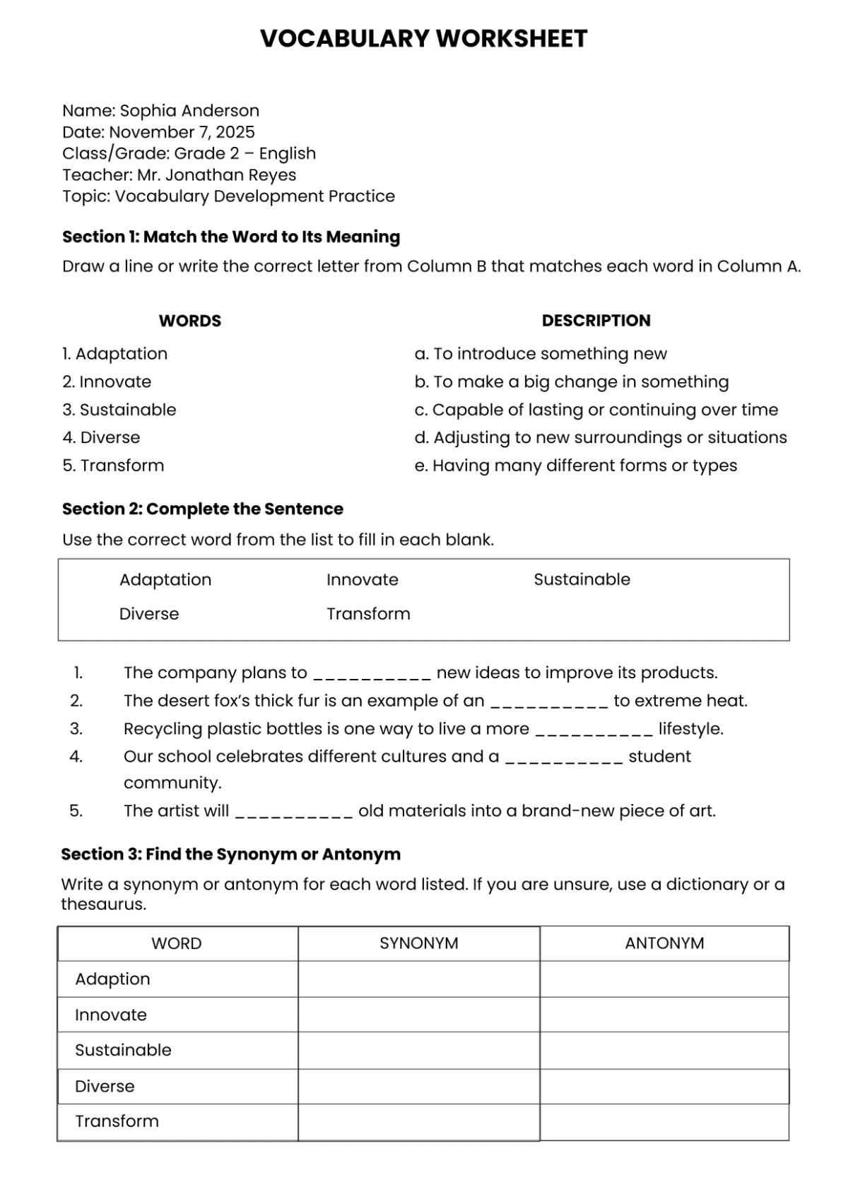 Free Vocabulary Worksheet Template to Edit Online Free Vocabulary Worksheet Template to Edit Online