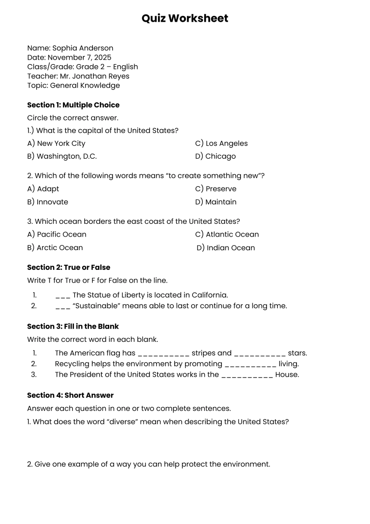 Free Quiz Worksheet Template to Edit Online Free Quiz Worksheet Template to Edit Online