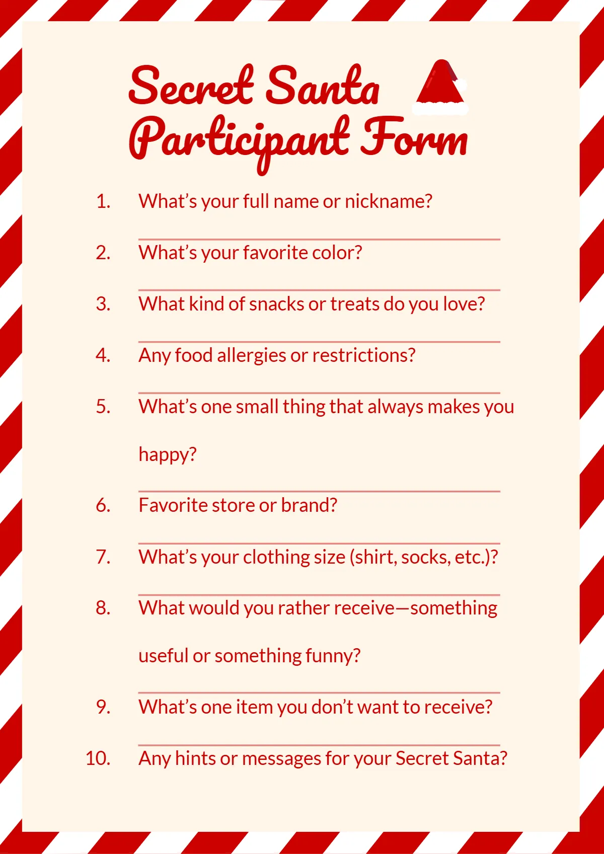 Free Secret Santa Participant Questionnaire Template to Edit Online Free Secret Santa Participant Questionnaire Template to Edit Online