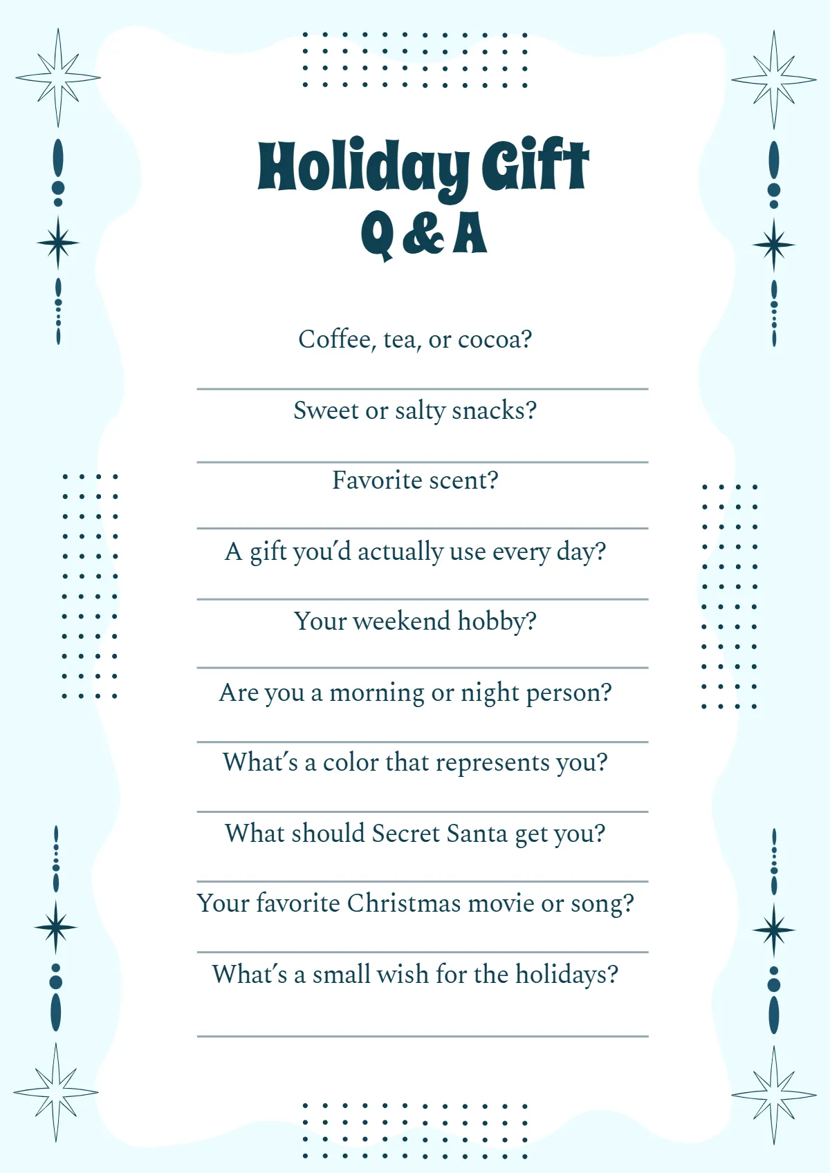 Free Cozy Secret Santa Questionnaire Template to Edit Online Free Cozy Secret Santa Questionnaire Template to Edit Online