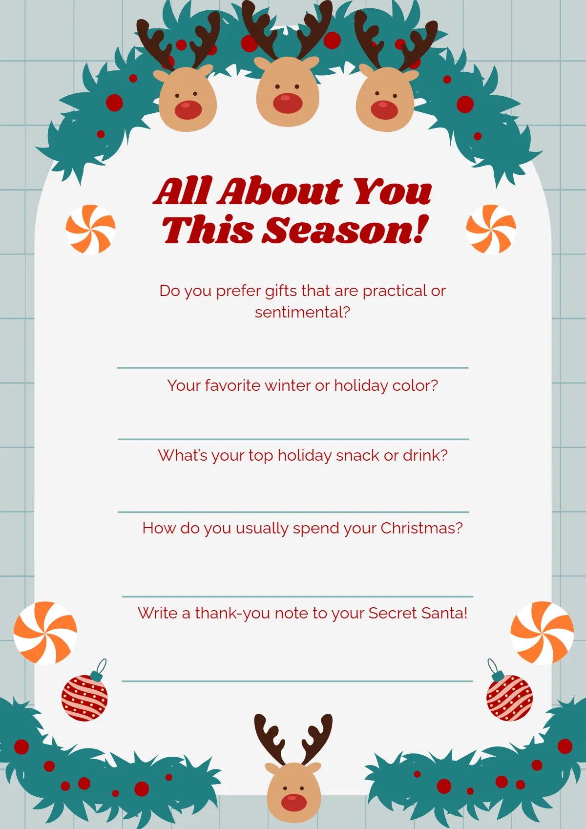 Free Seasonal Secret Santa Questionnaire Template to Edit Online